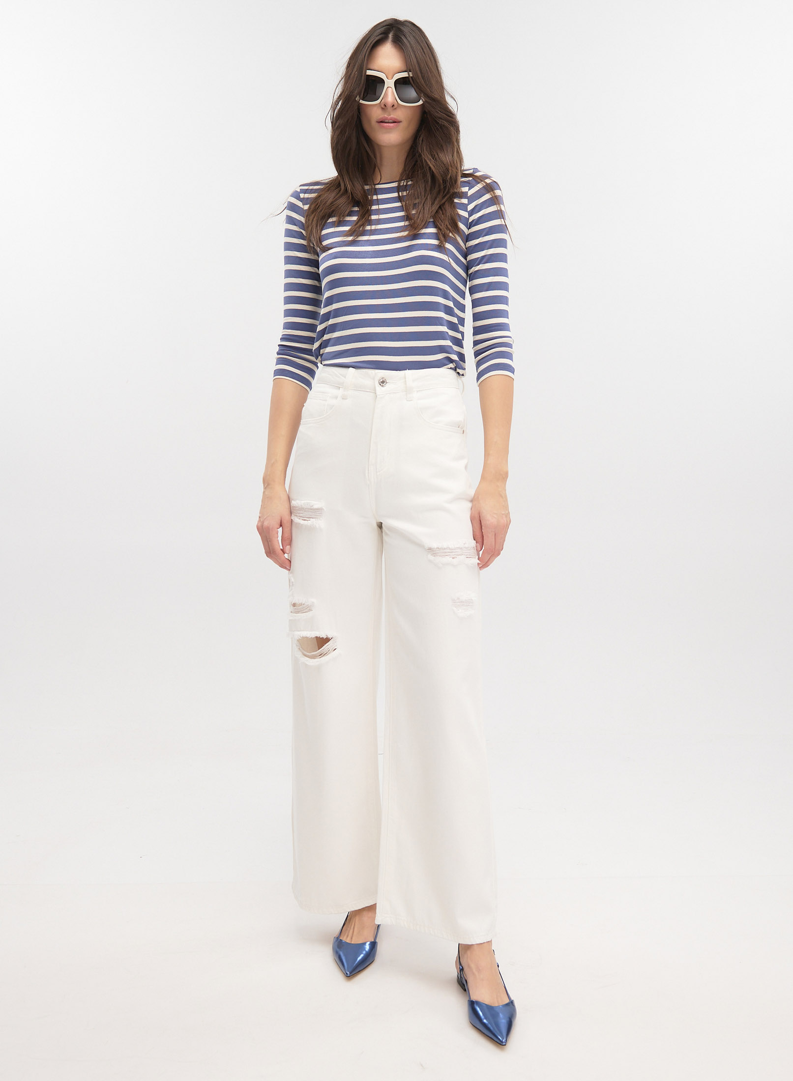 Off White wide legs Denim Trousers with rips Lara - 0