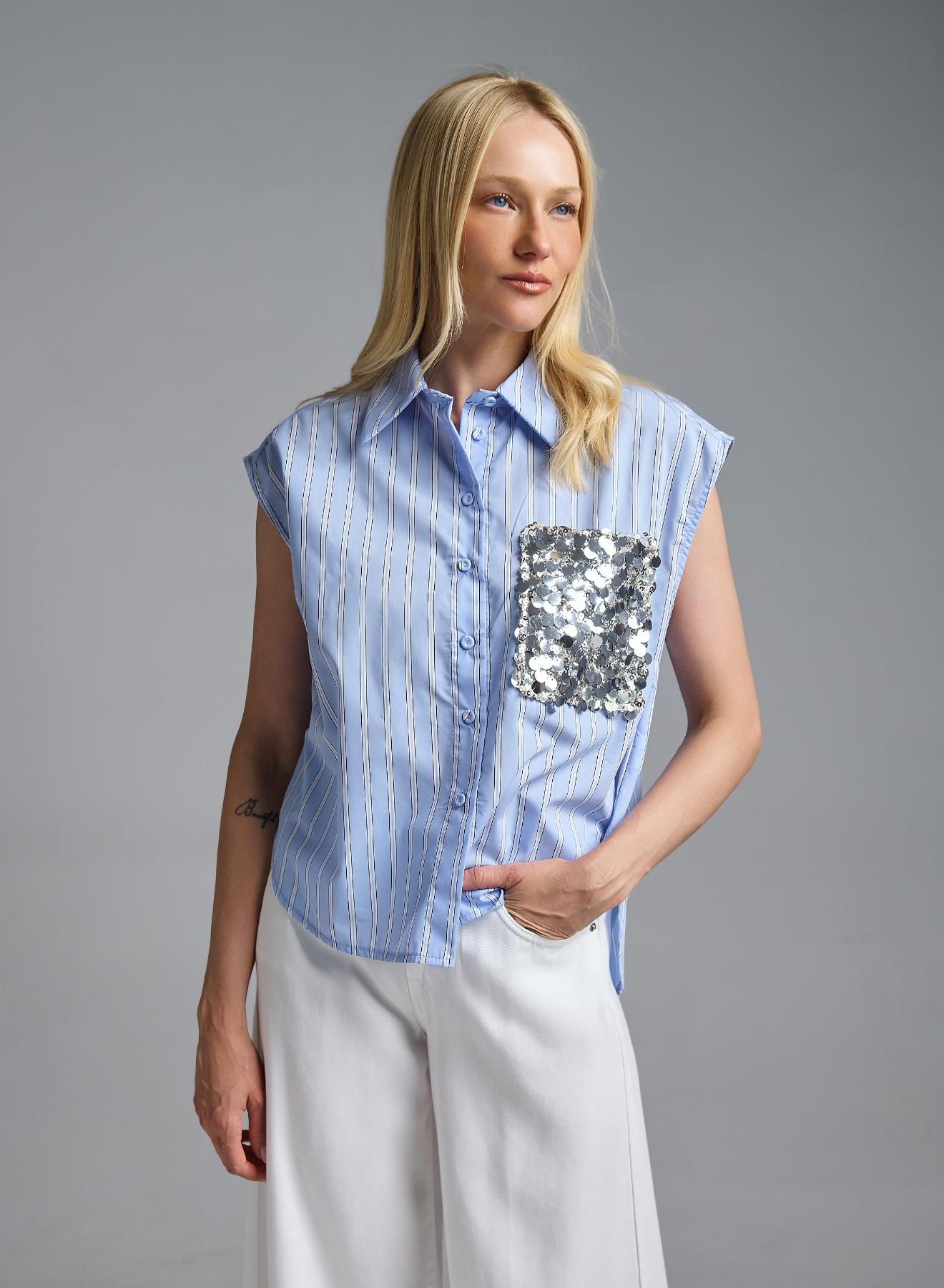 CLight Blue sleeveless striped Shirt with sequins Tensione In - 1