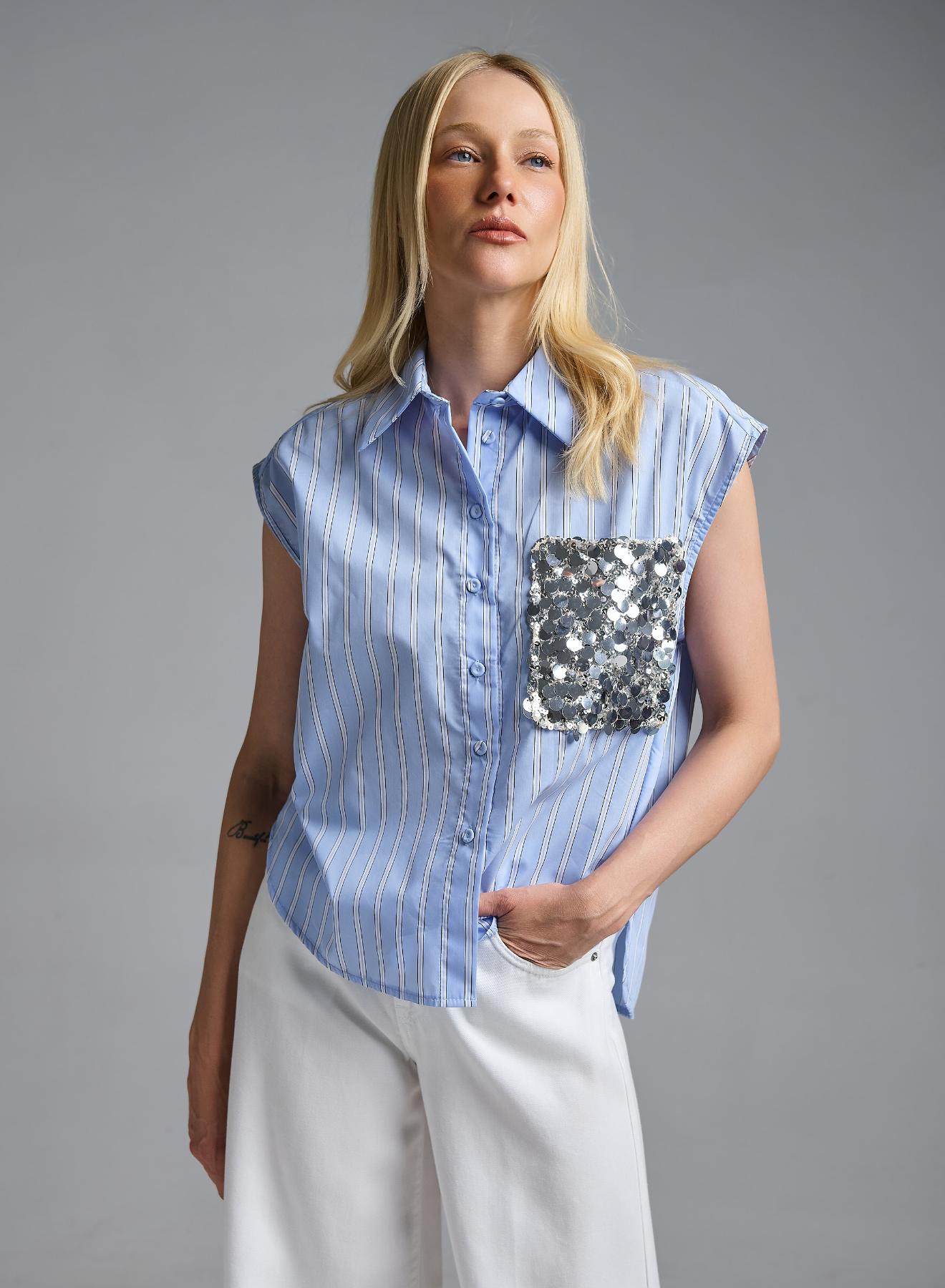 CLight Blue sleeveless striped Shirt with sequins Tensione In - 3