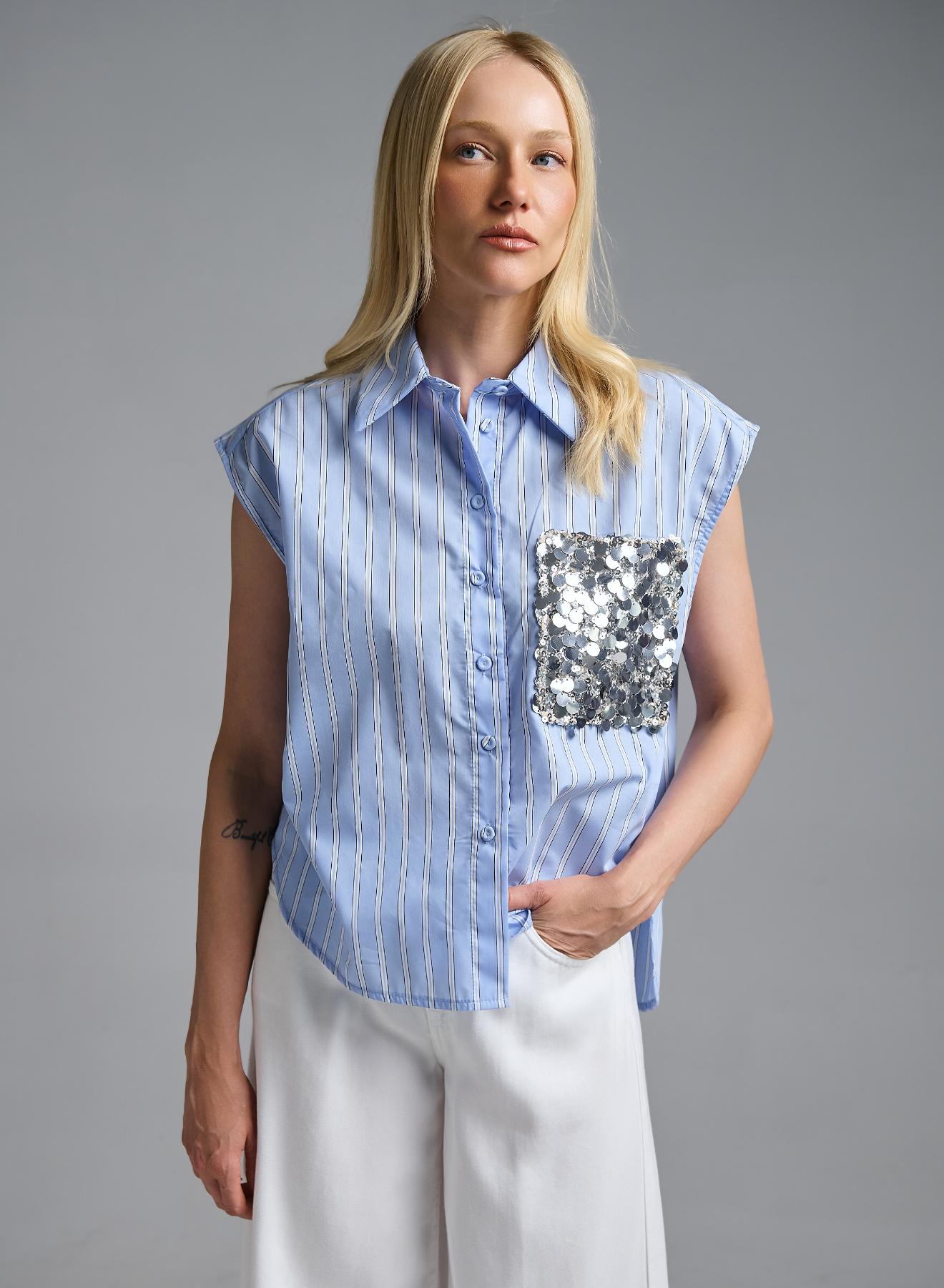 CLight Blue sleeveless striped Shirt with sequins Tensione In - 5