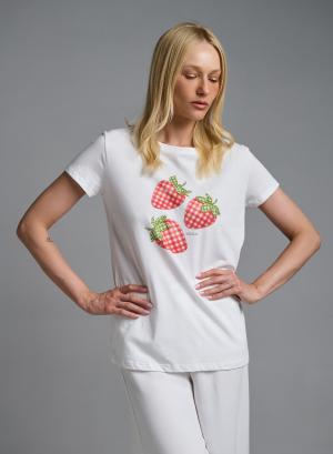 White printed cotton T-Shirt with rhinestones Vicolo - 62693