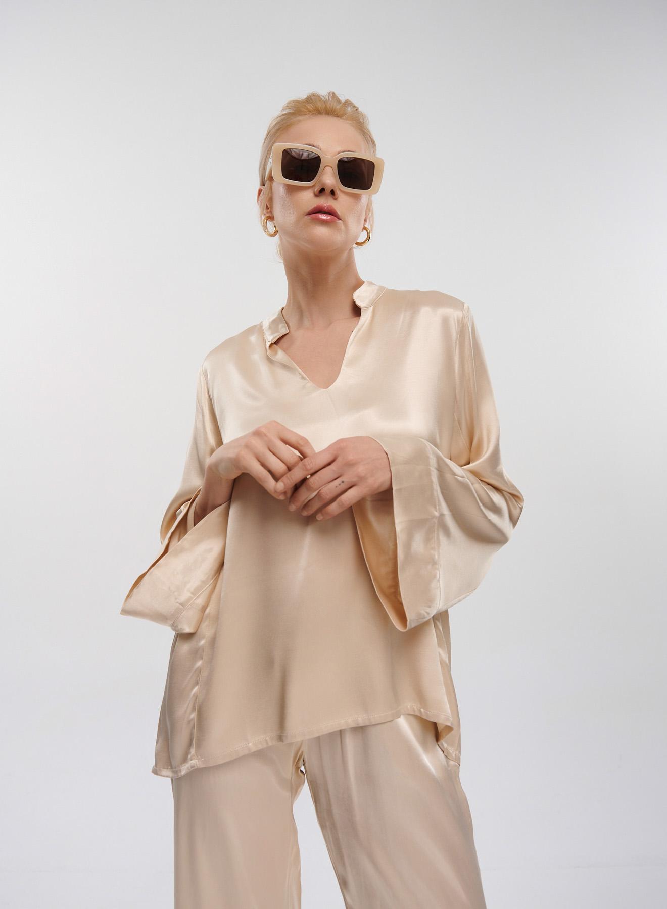 Champagne silky touch Blouse with long sleeves Greek Archaic Kori - 1