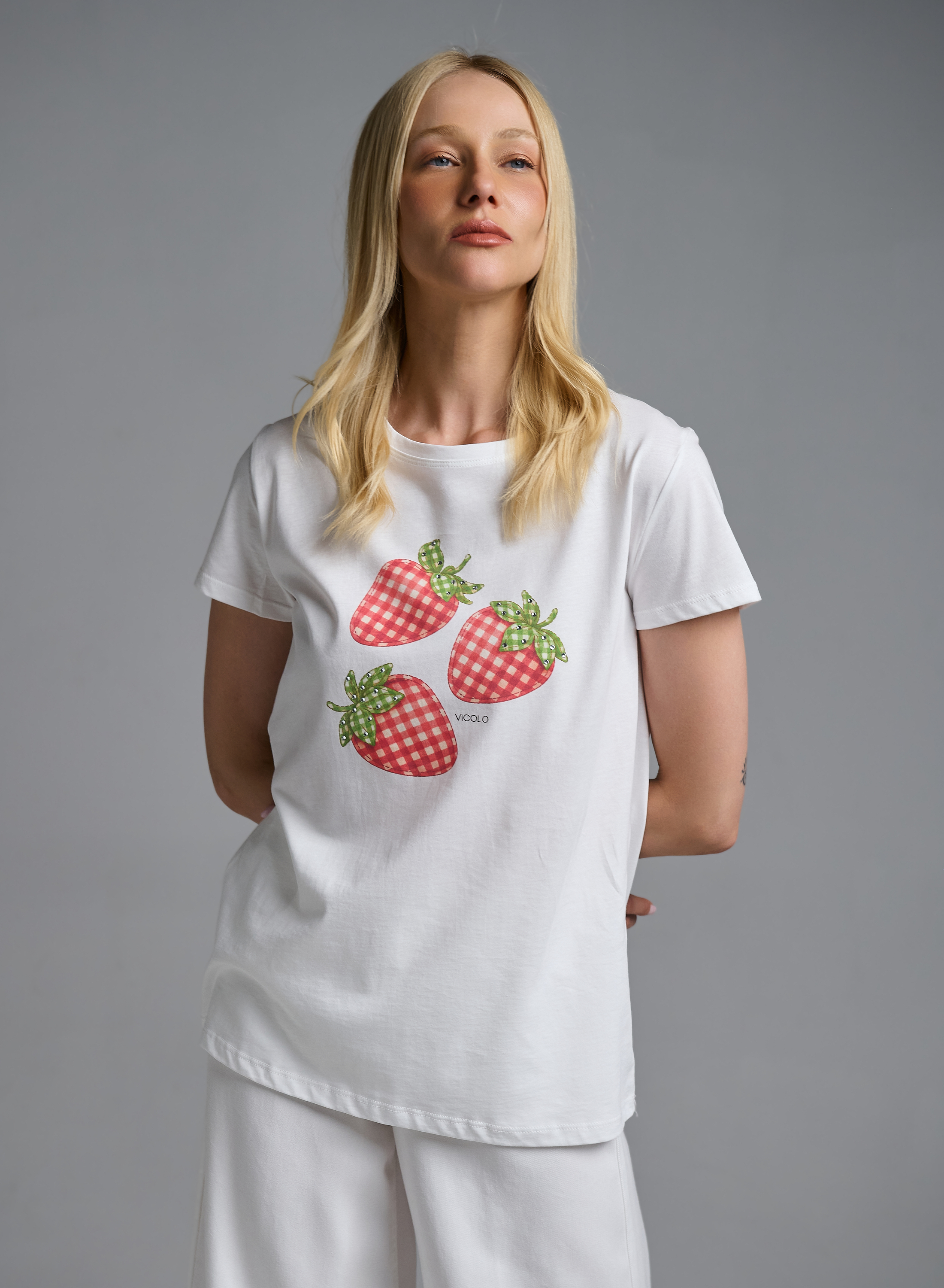White printed cotton T-Shirt with rhinestones Vicolo - 2