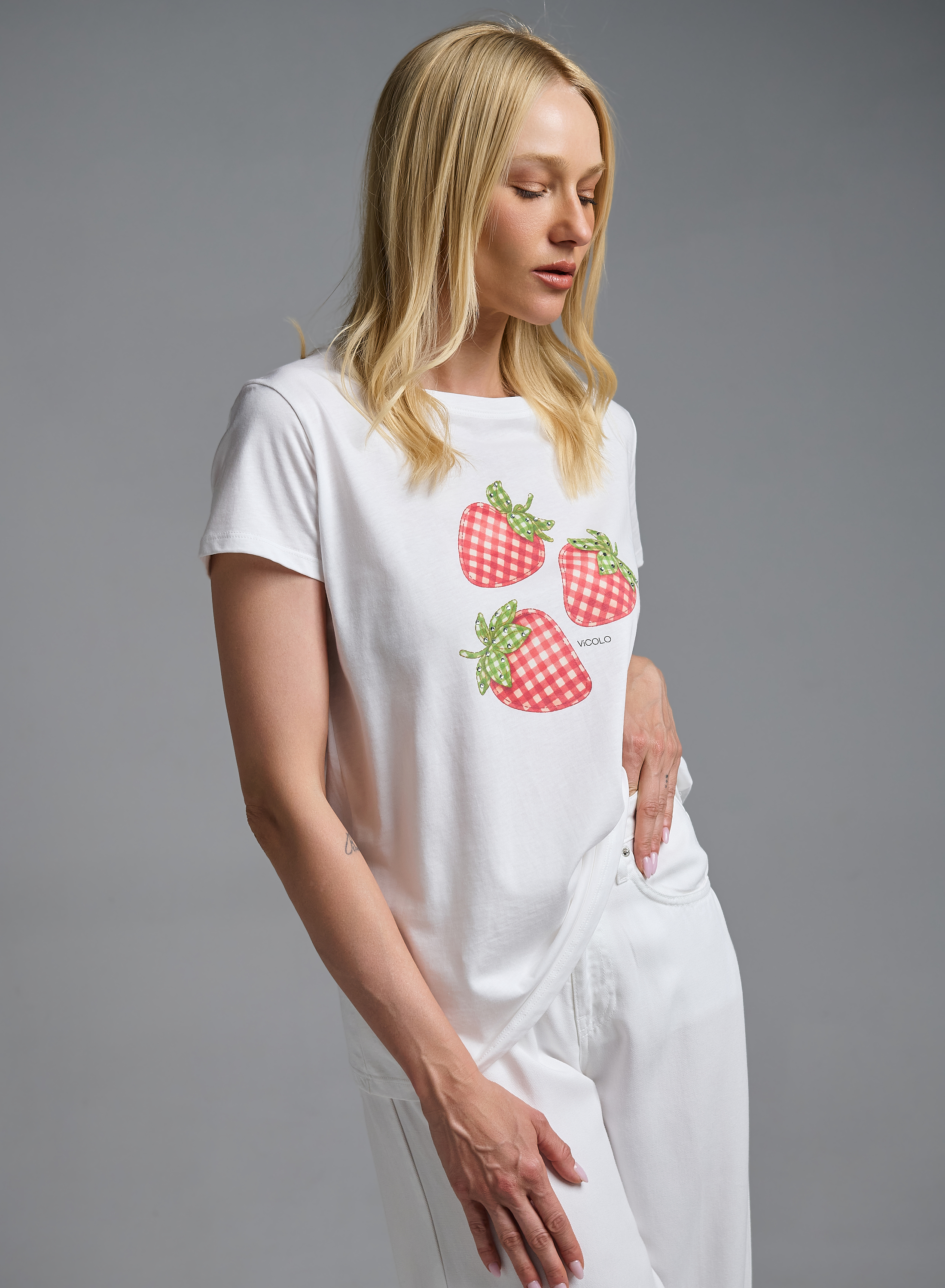 White printed cotton T-Shirt with rhinestones Vicolo - 3