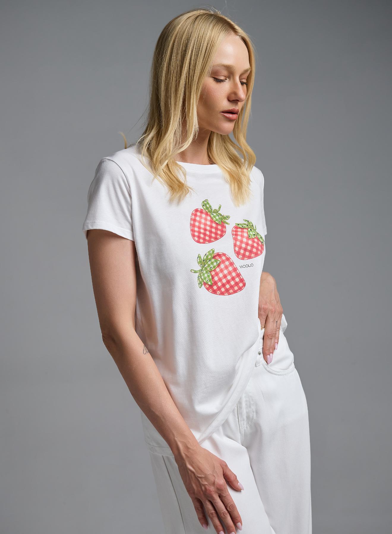 White printed cotton T-Shirt with rhinestones Vicolo - 4
