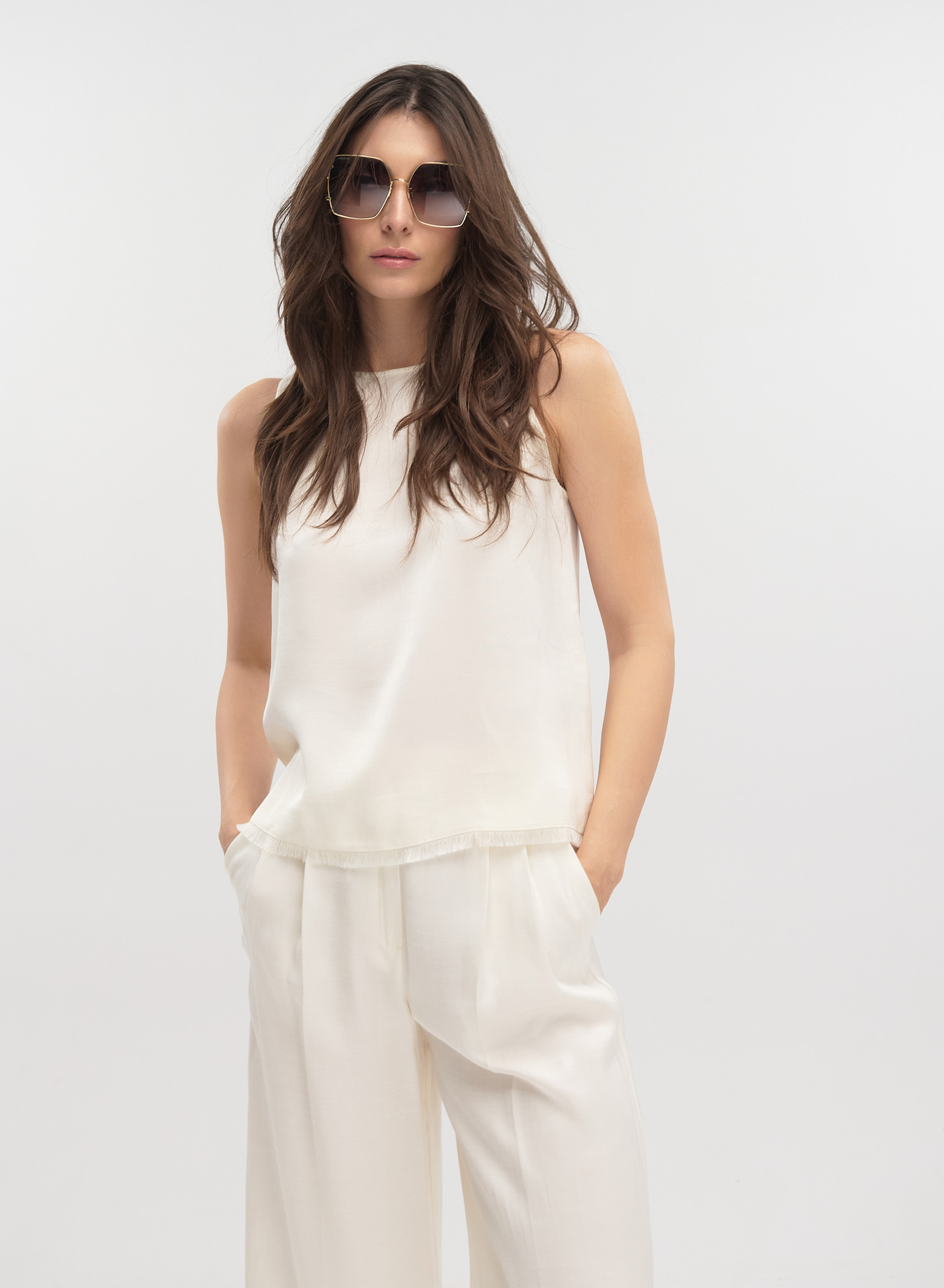 Ecru sleeveless Top with frayed hem Emme Marella - 0