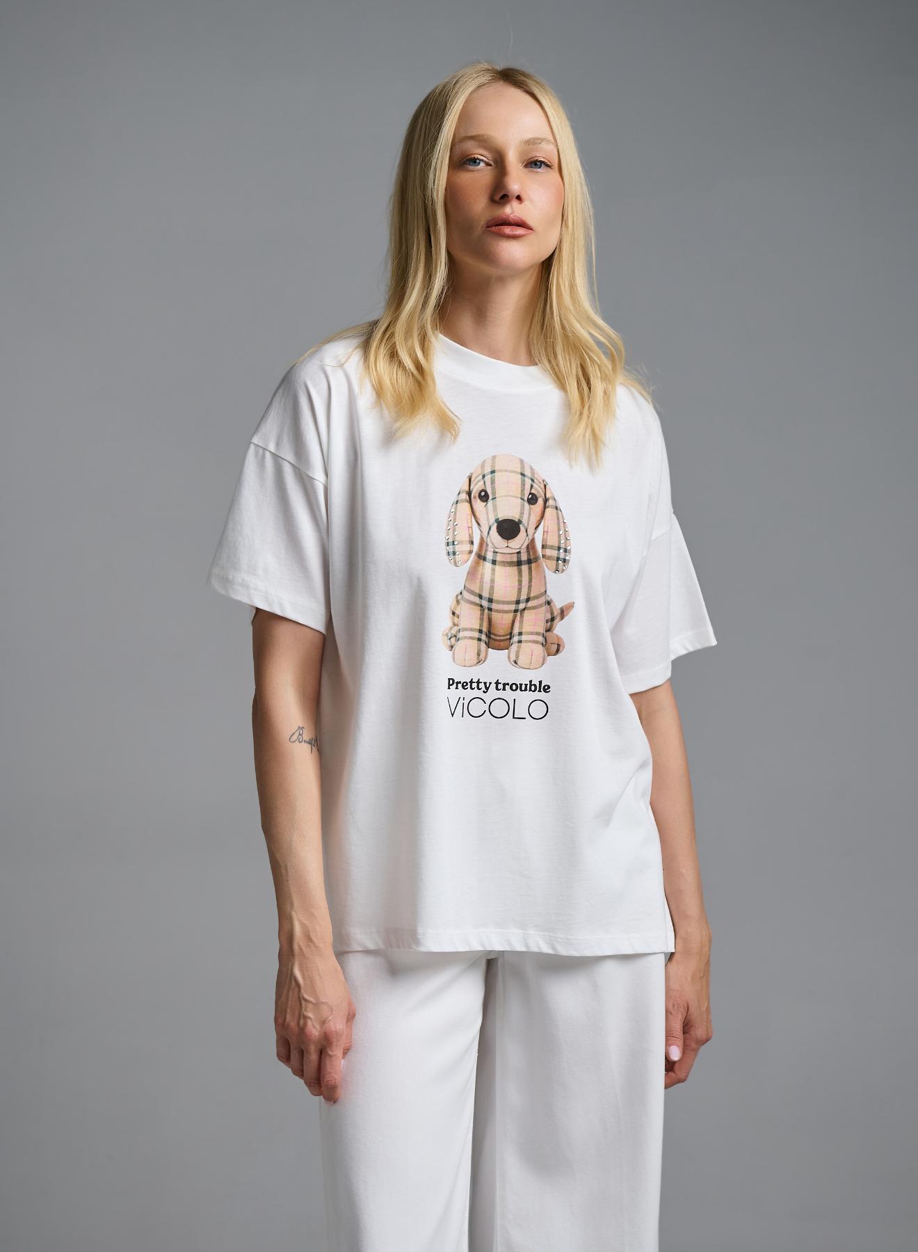 White printed cotton T-Shirt with rhinestones Vicolo - 4