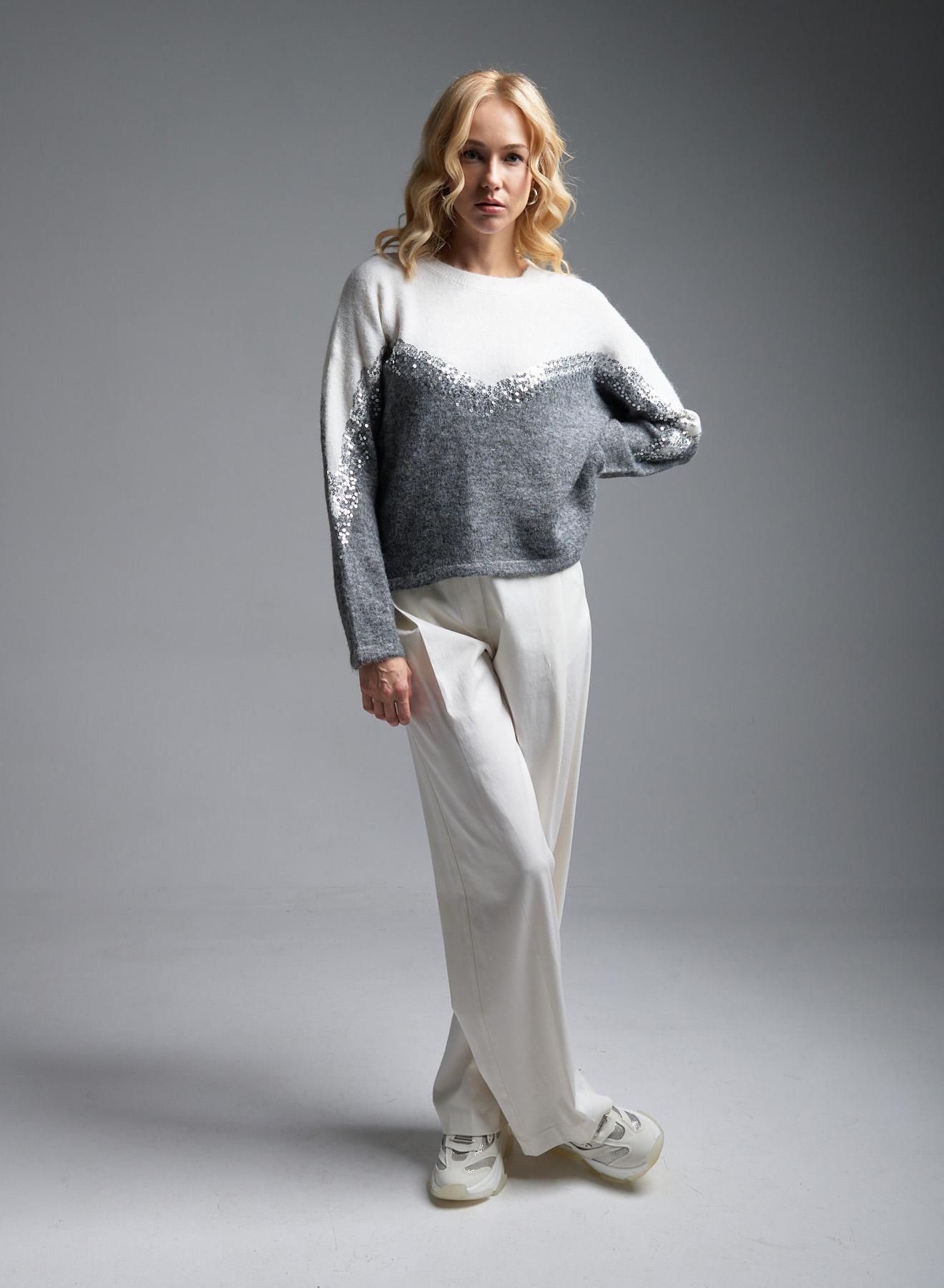 White-Grey Sweater with round neckline and with sequins Jean Luis Francoise - 2