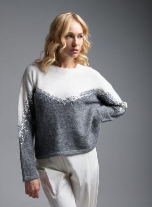 White-Grey Sweater with round neckline and with sequins Jean Luis Francoise - 37503