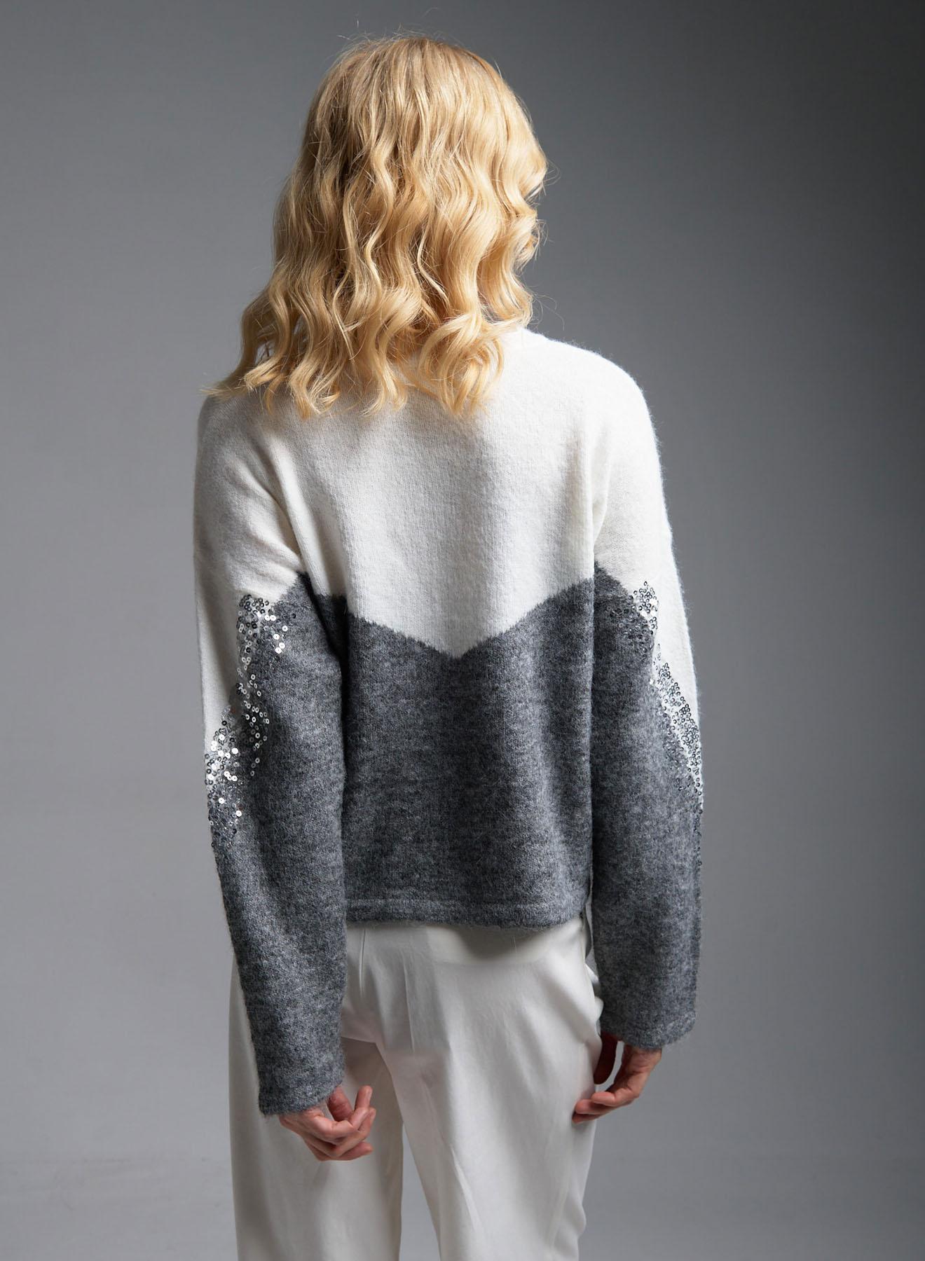 White-Grey Sweater with round neckline and with sequins Jean Luis Francoise - 4