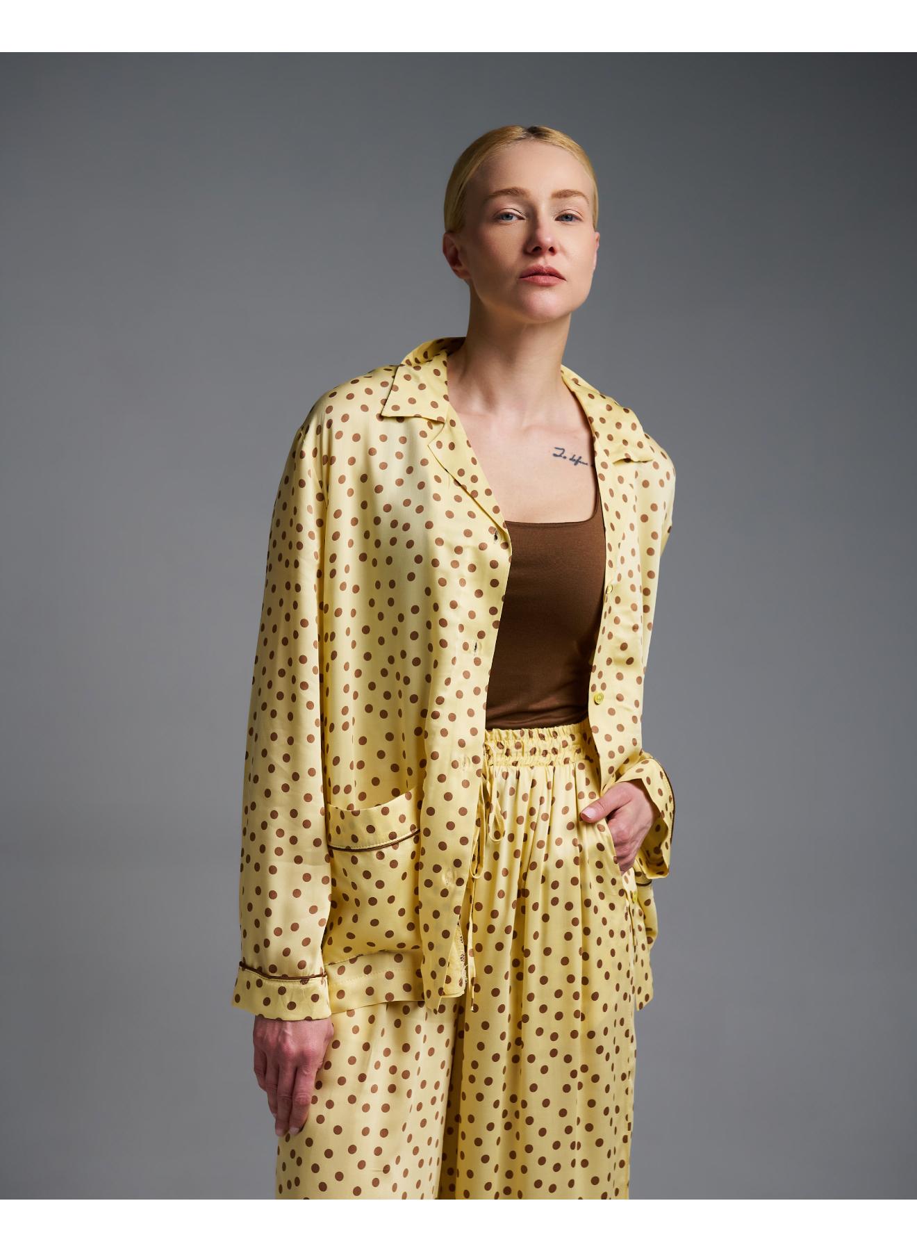 Κίτρινο-Σοκολά silky touch πουά Πουκάμισο με τσέπες μπροστά Vicolo - 2