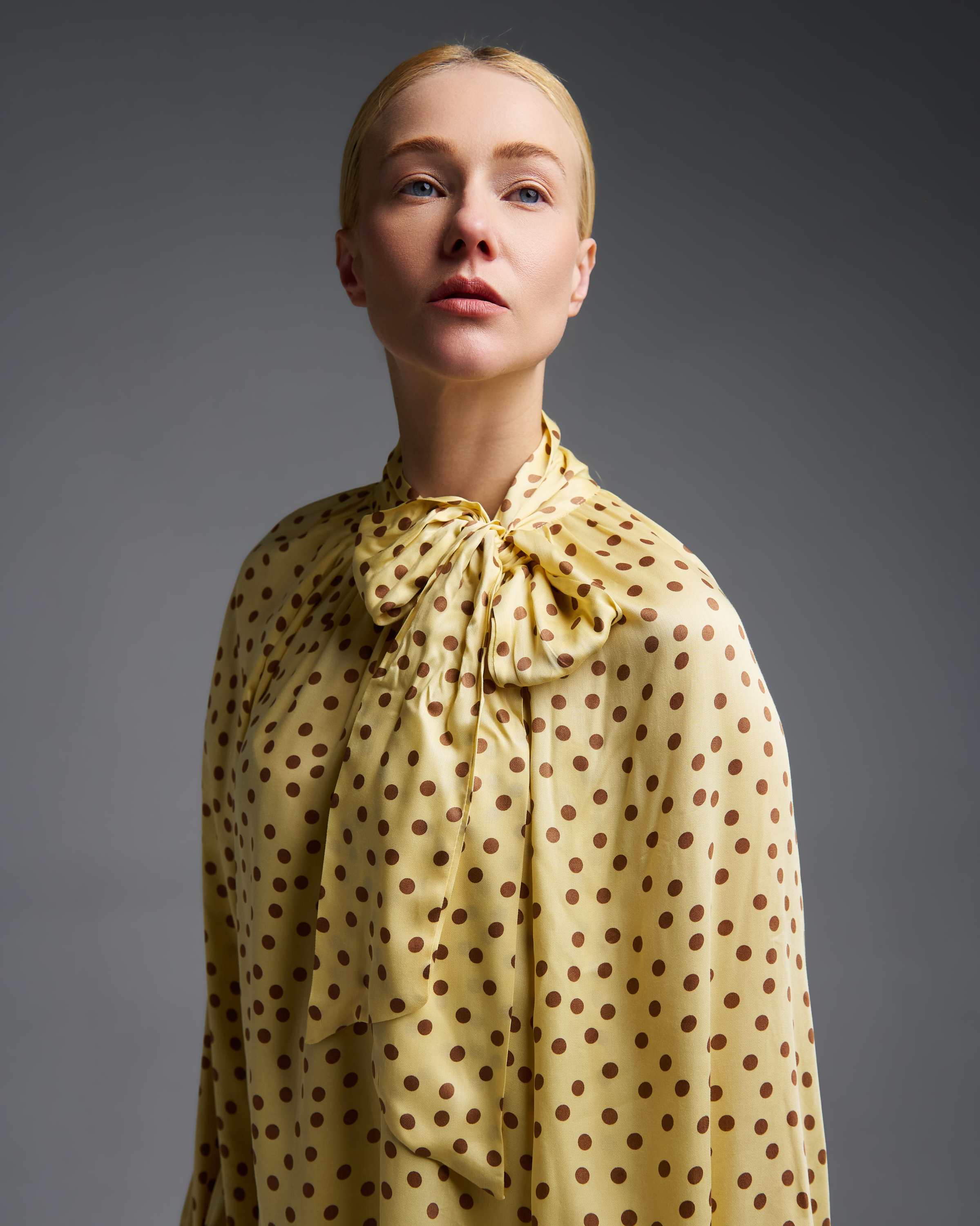 Yellow-Chocolate silky touch polka dot Blouse with a tie collar Vicolo - 3