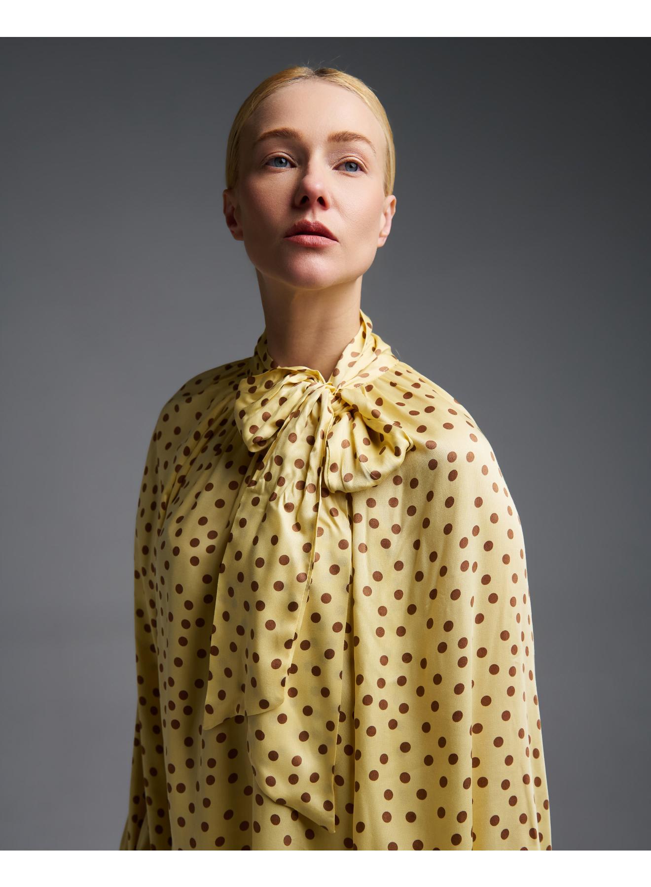 Yellow-Chocolate silky touch polka dot Blouse with a tie collar Vicolo - 4