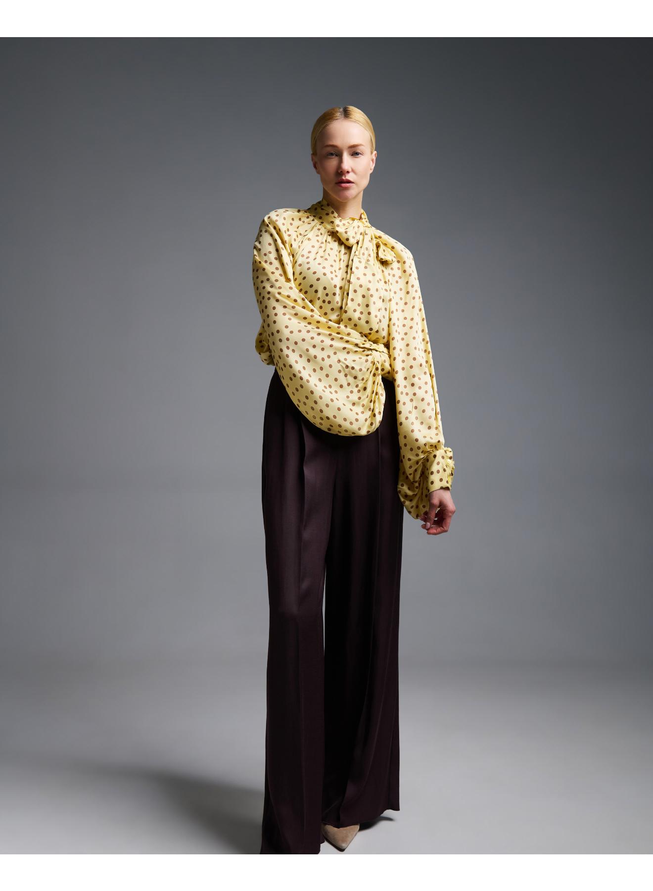 Yellow-Chocolate silky touch polka dot Blouse with a tie collar Vicolo - 3