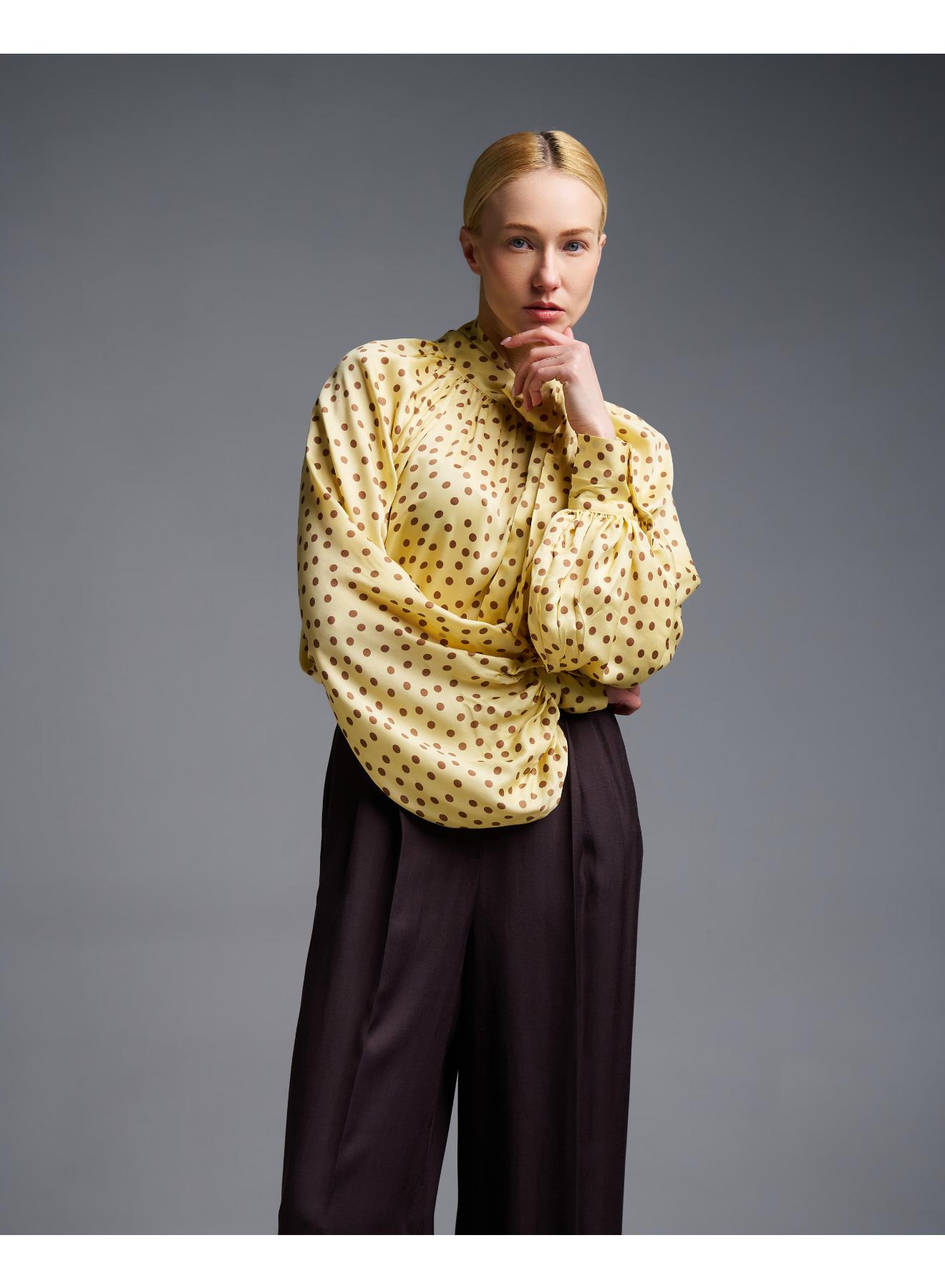 Yellow-Chocolate silky touch polka dot Blouse with a tie collar Vicolo - 1