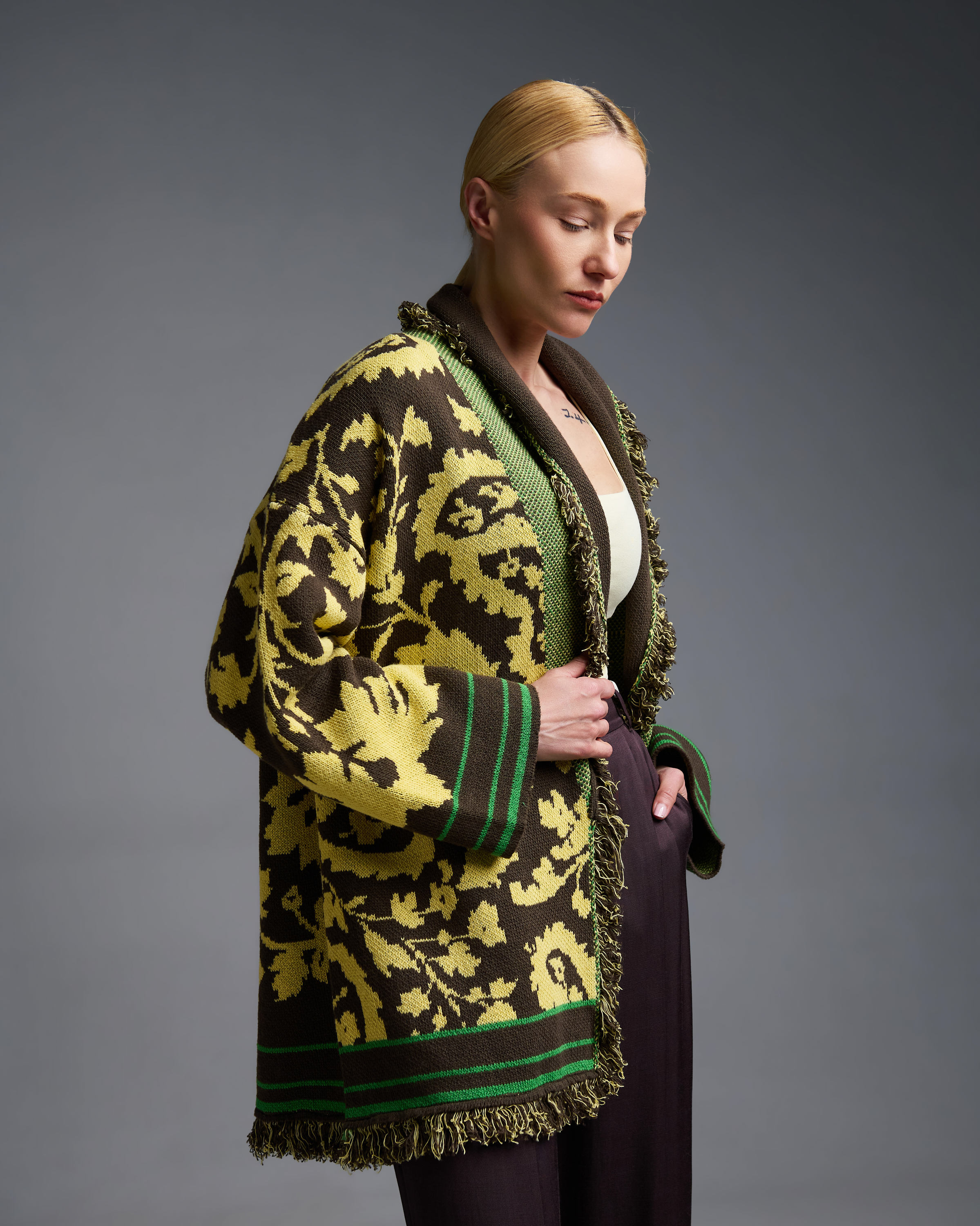 Chocolate-Yellow knitted fantasia jacquard Cardigan with fringes and with belt Vicolo - 0