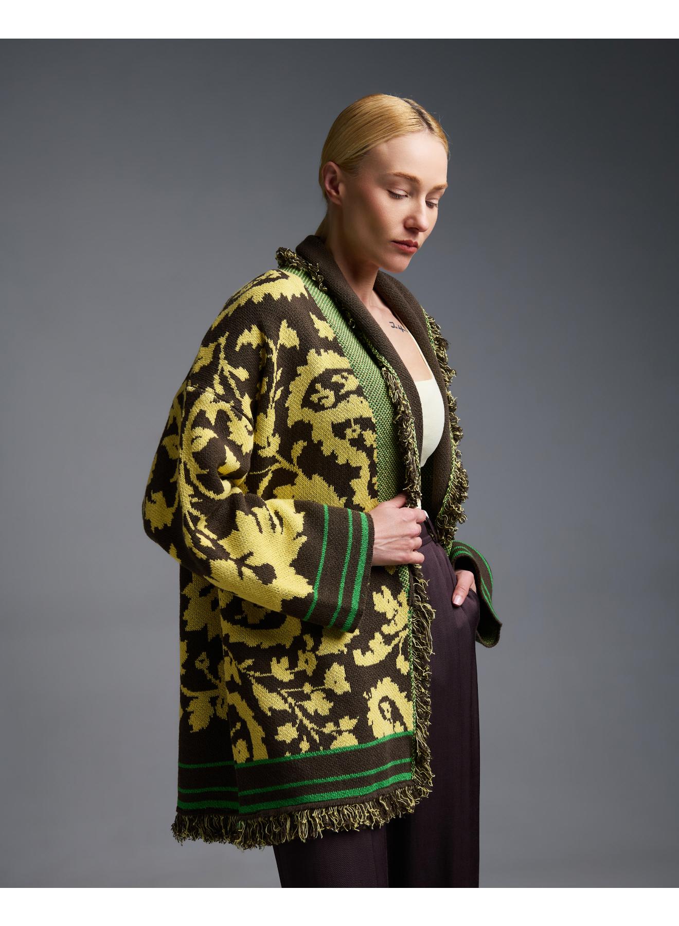 Chocolate-Yellow knitted fantasia jacquard Cardigan with fringes and with belt Vicolo - 1