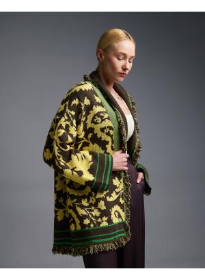 Chocolate-Yellow knitted fantasia jacquard Cardigan with fringes and with belt Vicolo - 56141