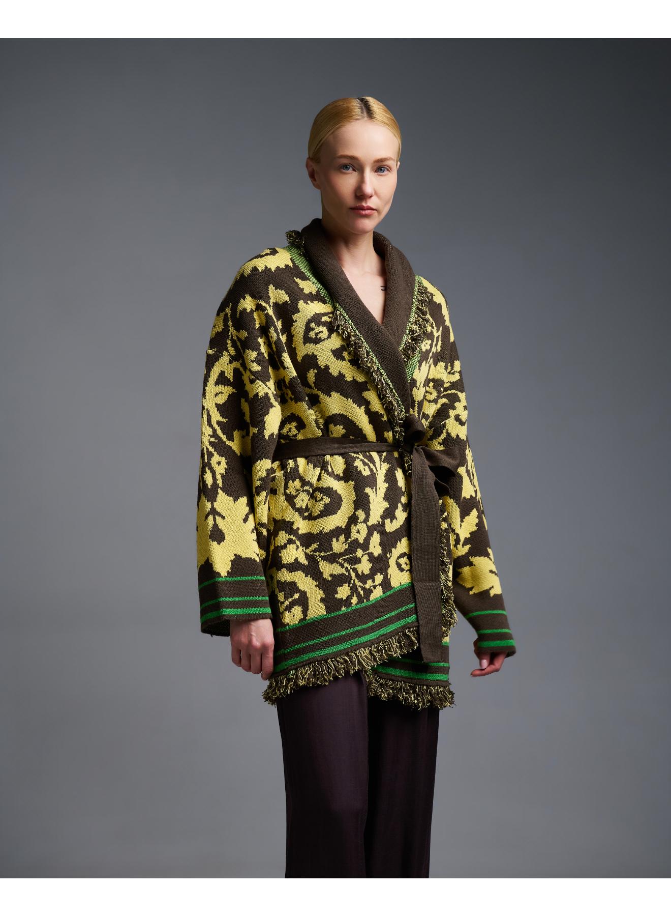 Chocolate-Yellow knitted fantasia jacquard Cardigan with fringes and with belt Vicolo - 2