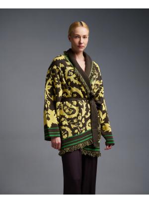 Chocolate-Yellow knitted fantasia jacquard Cardigan with fringes and with belt Vicolo - 56141