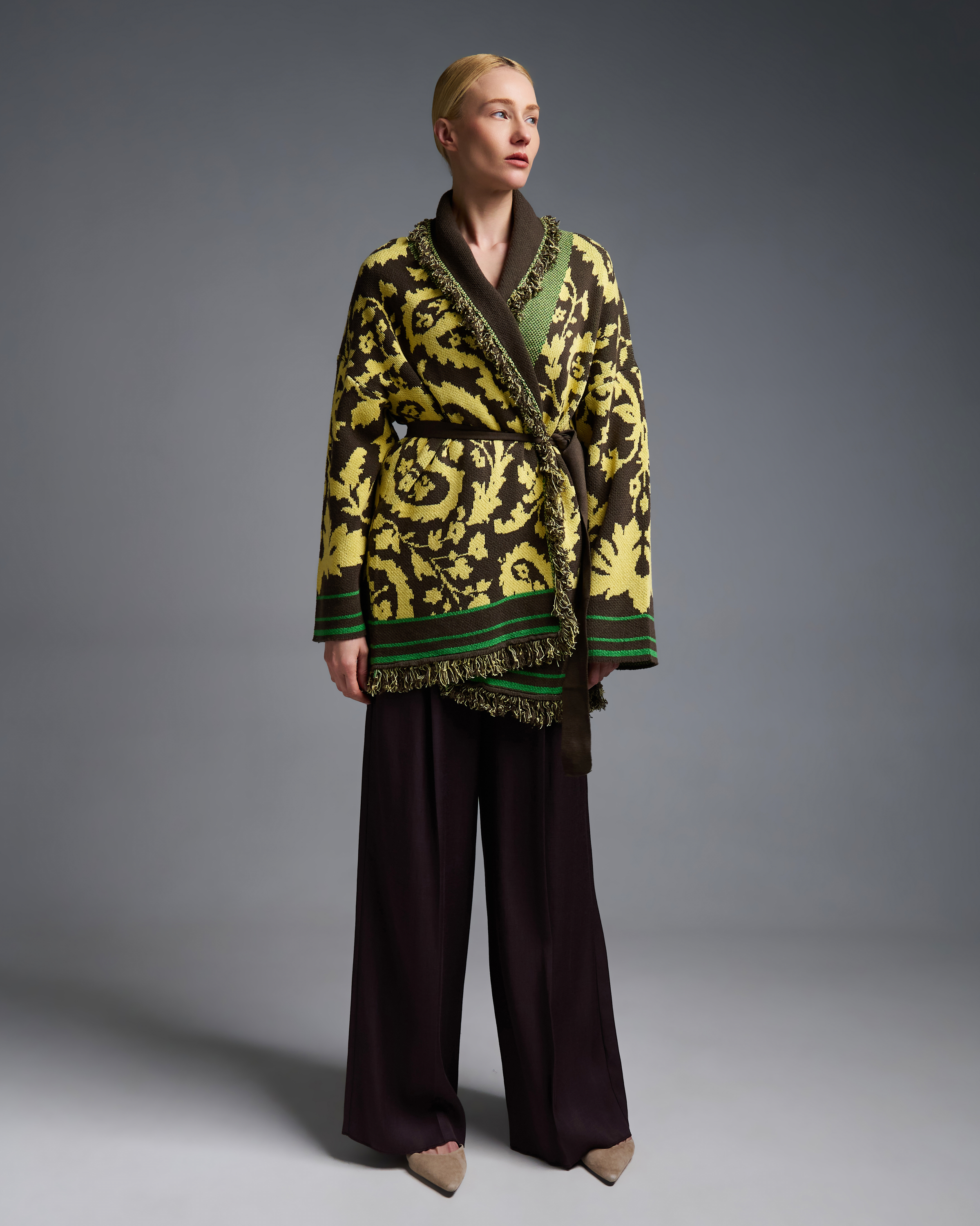 Chocolate-Yellow knitted fantasia jacquard Cardigan with fringes and with belt Vicolo - 2