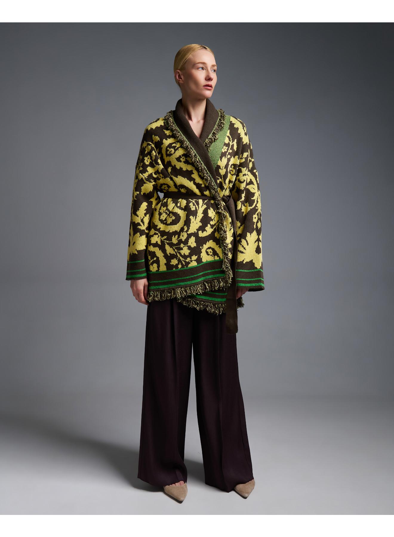 Chocolate-Yellow knitted fantasia jacquard Cardigan with fringes and with belt Vicolo - 3