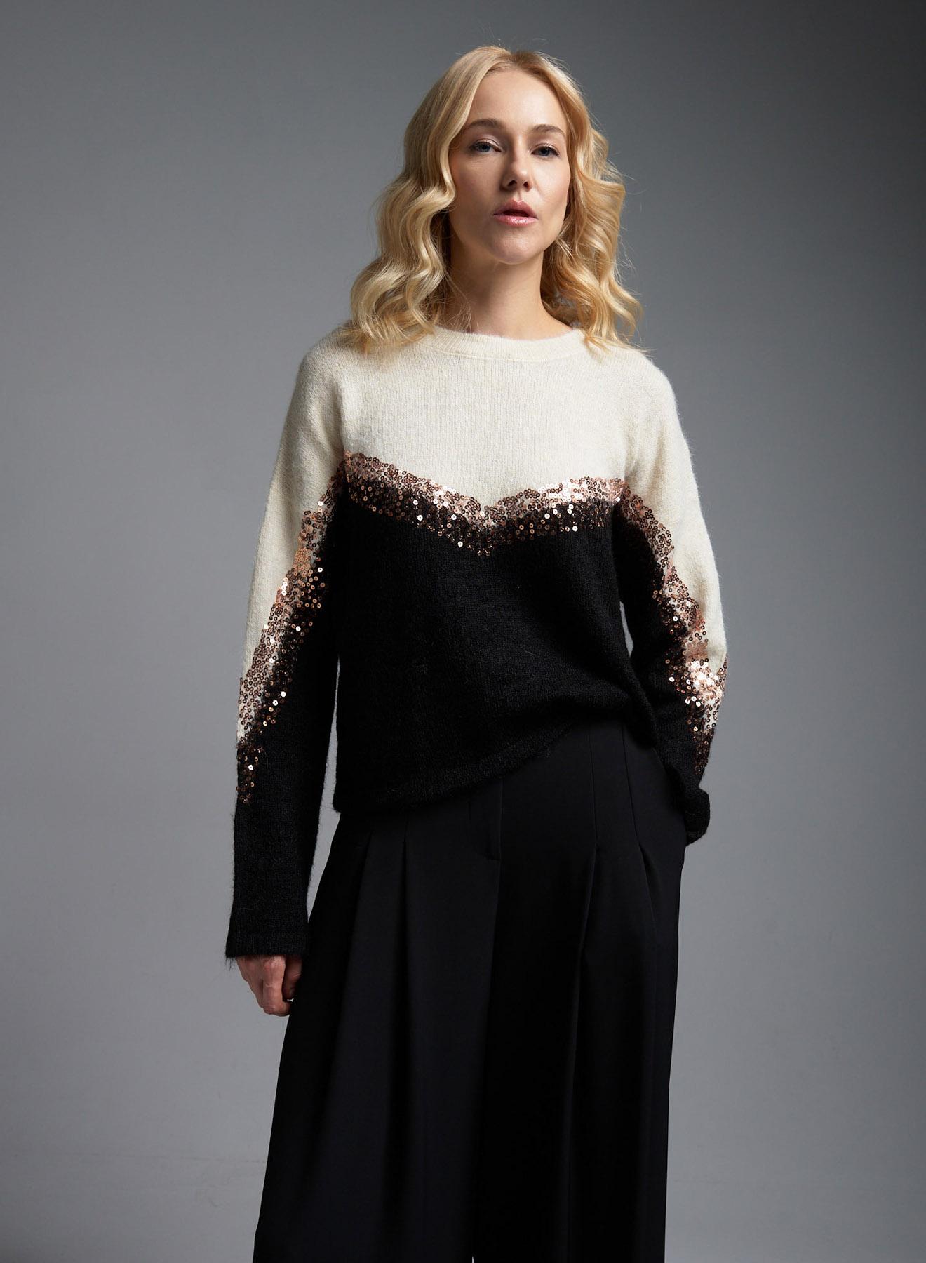 Ecru-Black Sweater with round neckline and with sequins Jean Luis Francoise - 2