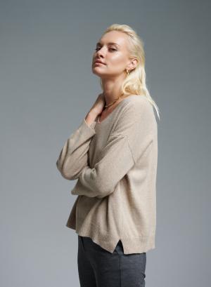 Μπεζ πουλόβερ με V λαιμόκοψη Cashmere Blend - 35485