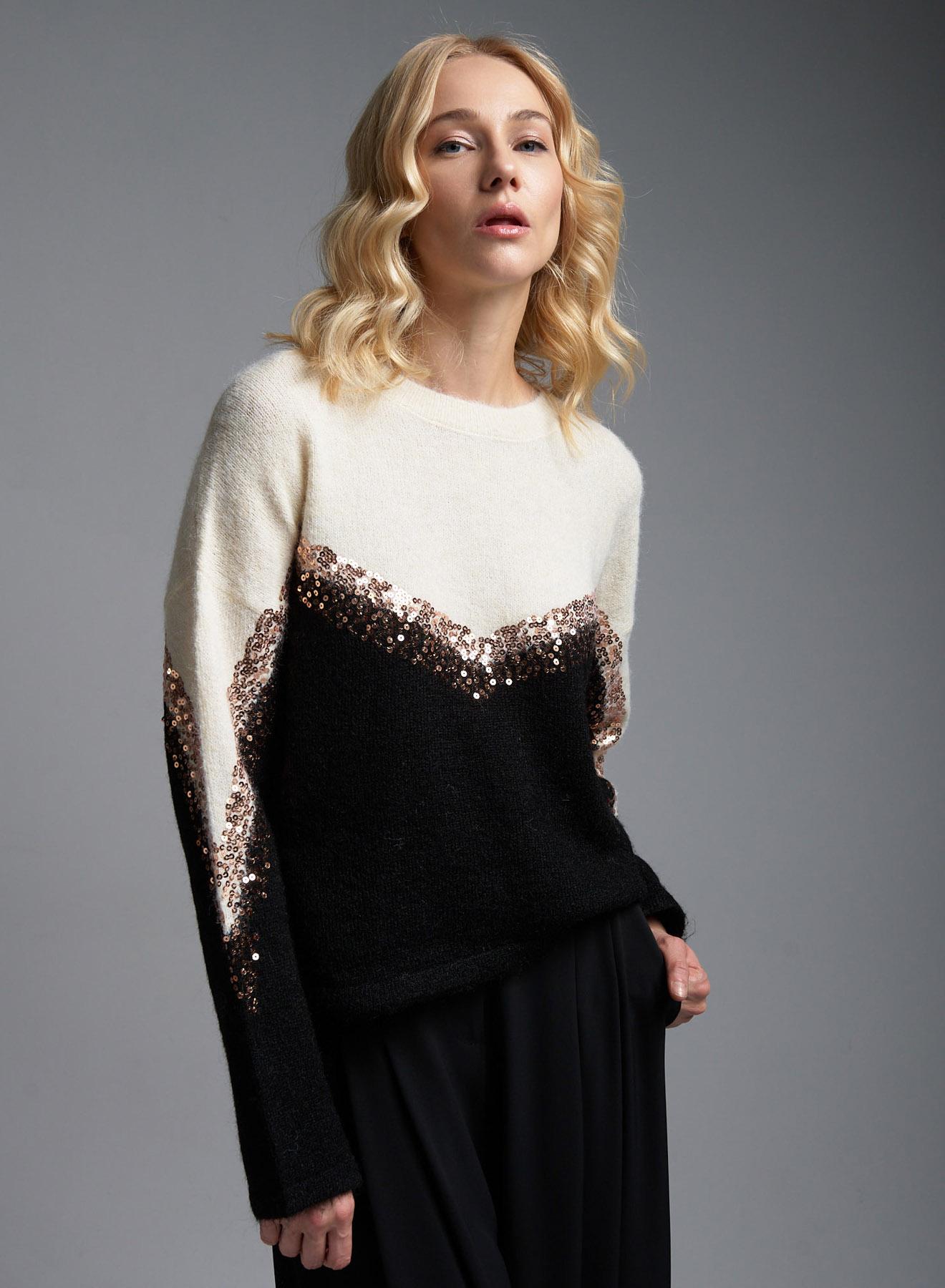 Ecru-Black Sweater with round neckline and with sequins Jean Luis Francoise - 1