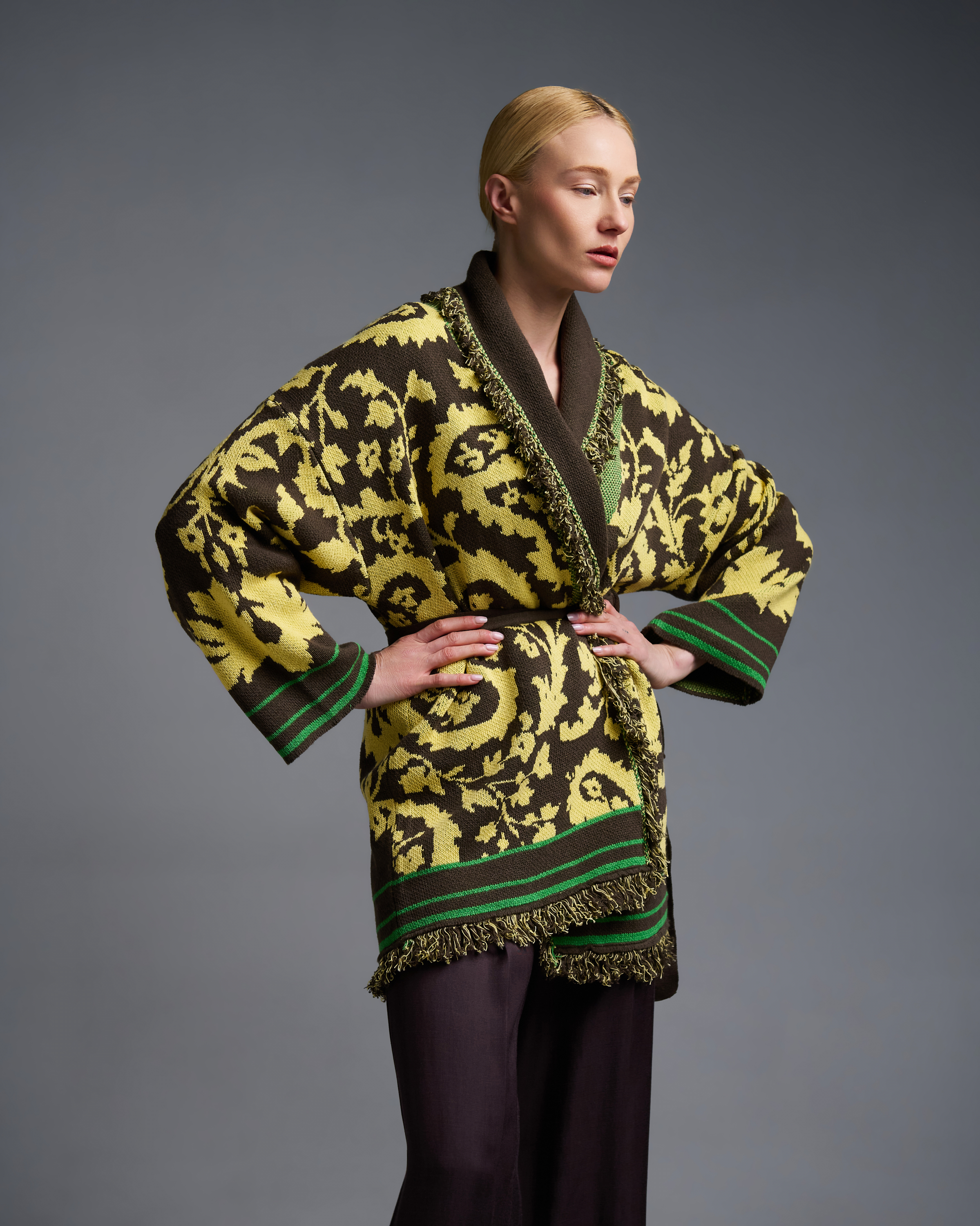 Chocolate-Yellow knitted fantasia jacquard Cardigan with fringes and with belt Vicolo - 3
