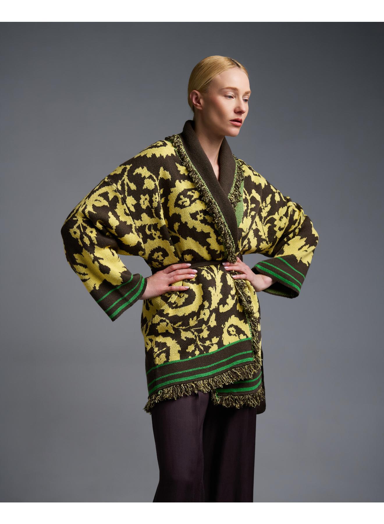 Chocolate-Yellow knitted fantasia jacquard Cardigan with fringes and with belt Vicolo - 4