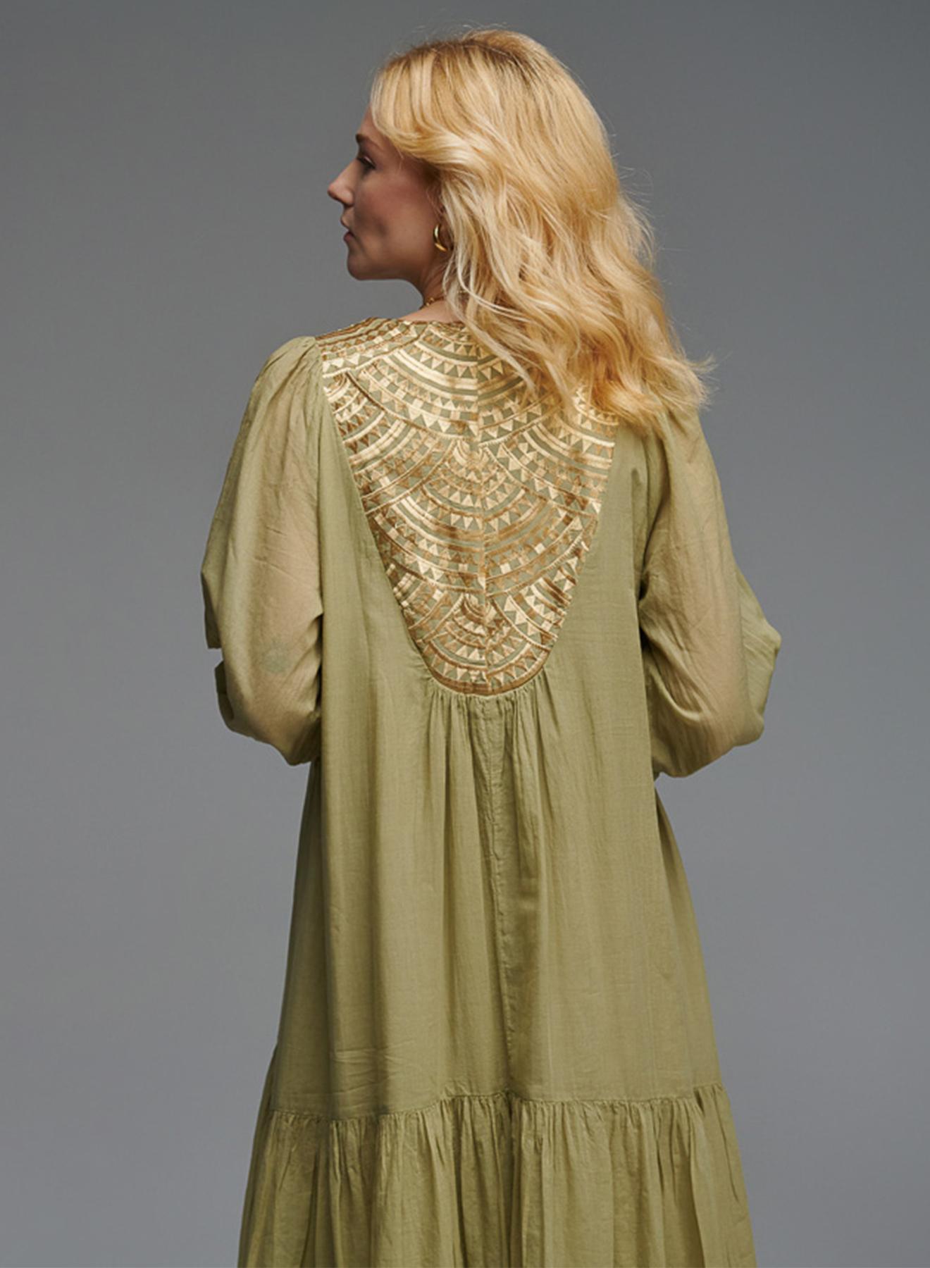 Tea-Gold long new All Over Dress with long sleeves Greek Archaic Kori - 3