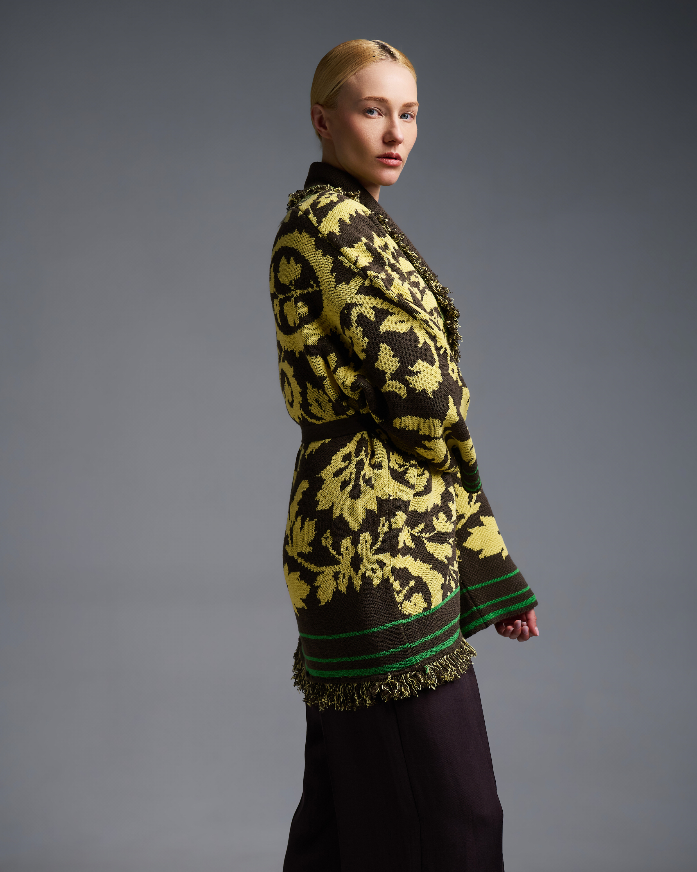 Chocolate-Yellow knitted fantasia jacquard Cardigan with fringes and with belt Vicolo - 4