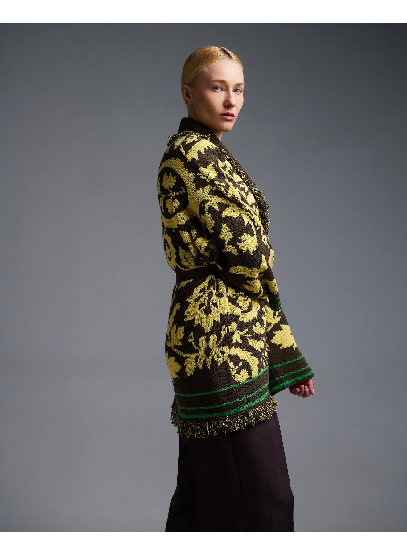 Chocolate-Yellow knitted fantasia jacquard Cardigan with fringes and with belt Vicolo - 5