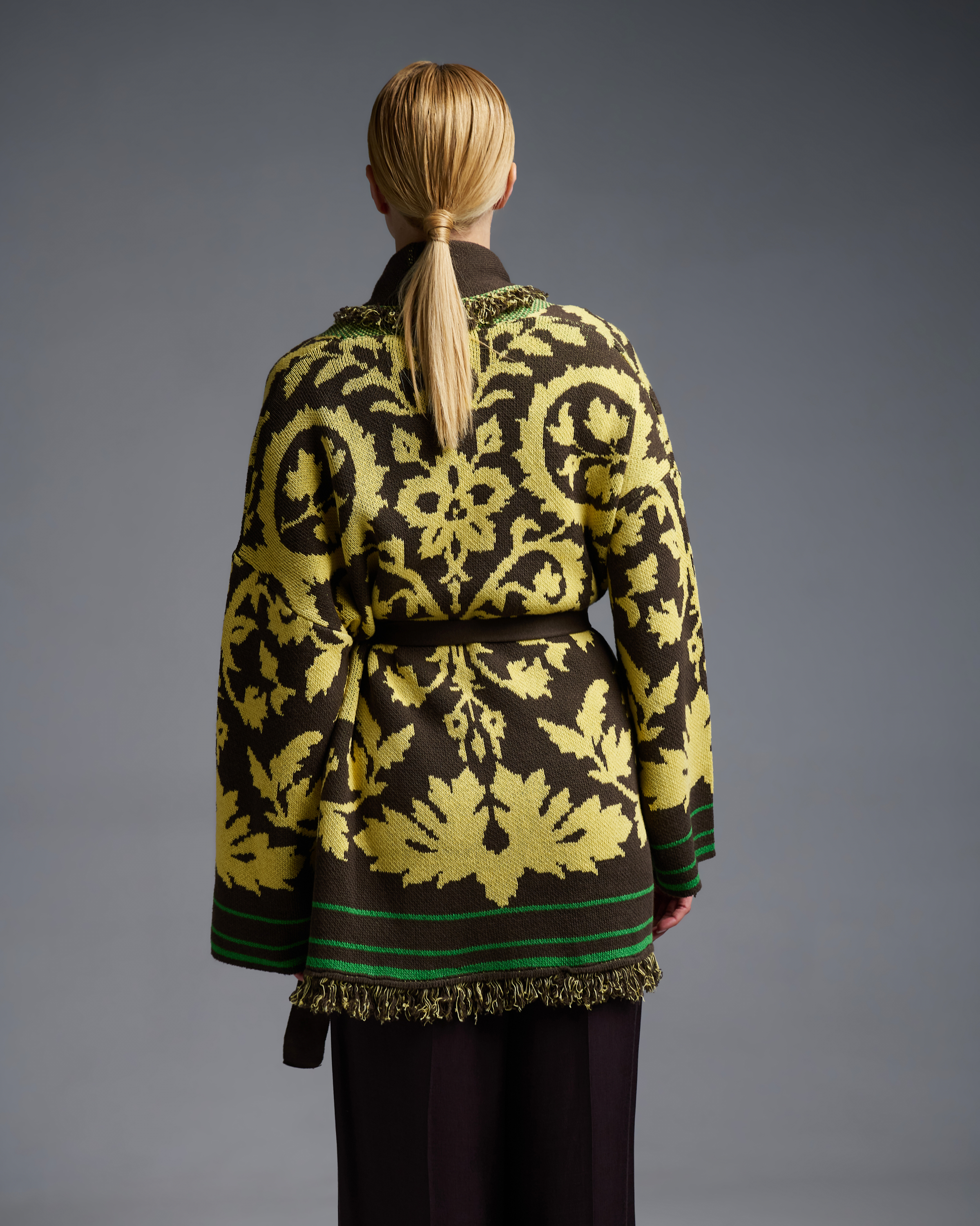 Chocolate-Yellow knitted fantasia jacquard Cardigan with fringes and with belt Vicolo - 5