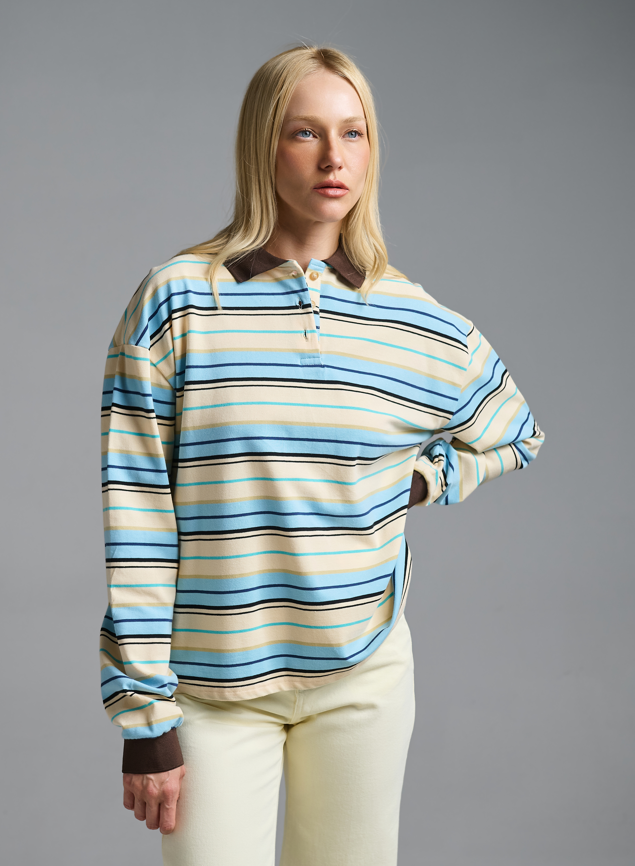 Light Blue striped polo Blouse Two - 0