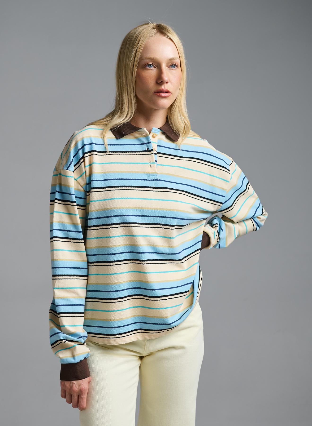 Light Blue striped polo Blouse Two - 1