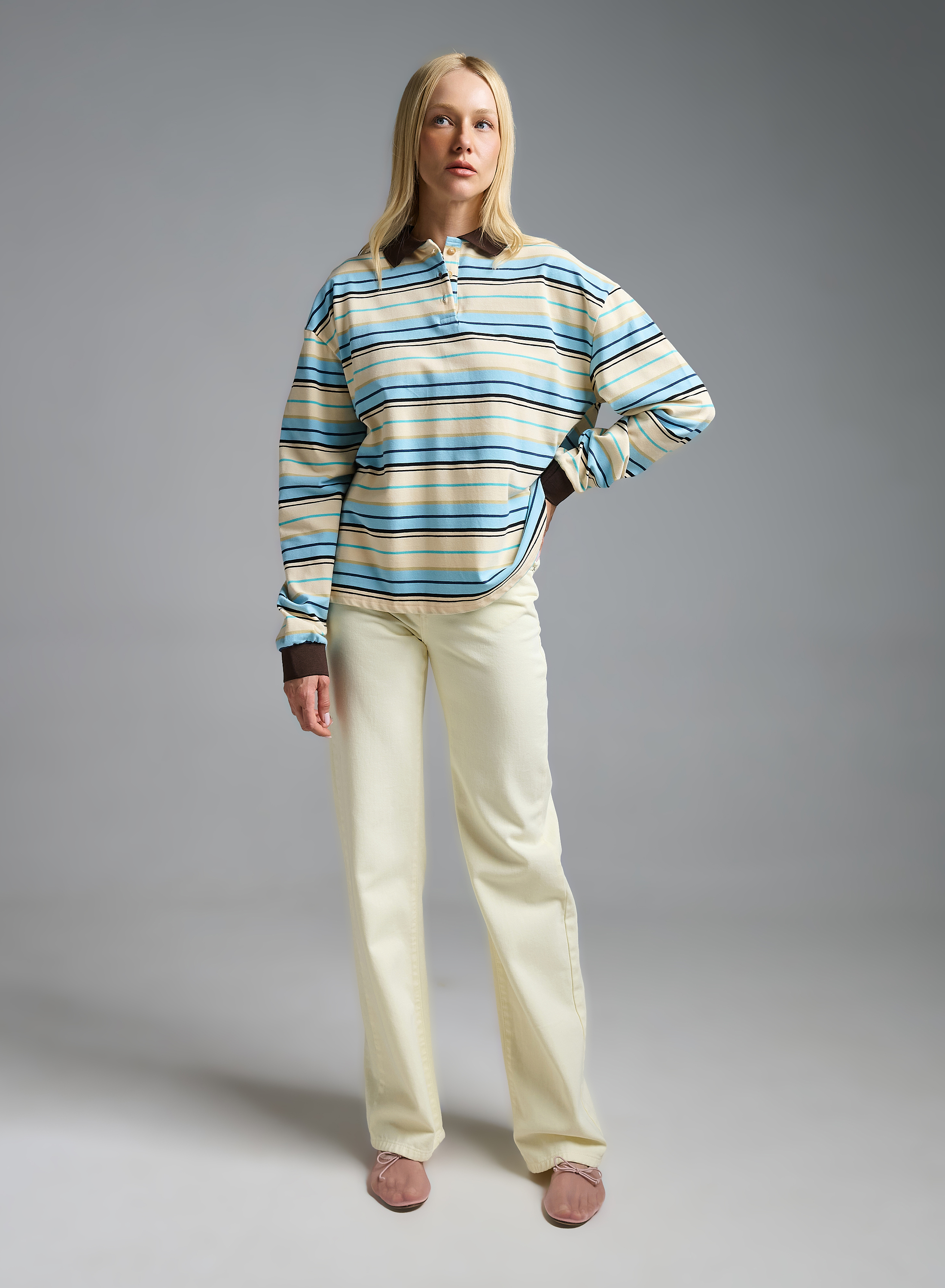 Light Blue striped polo Blouse Two - 1