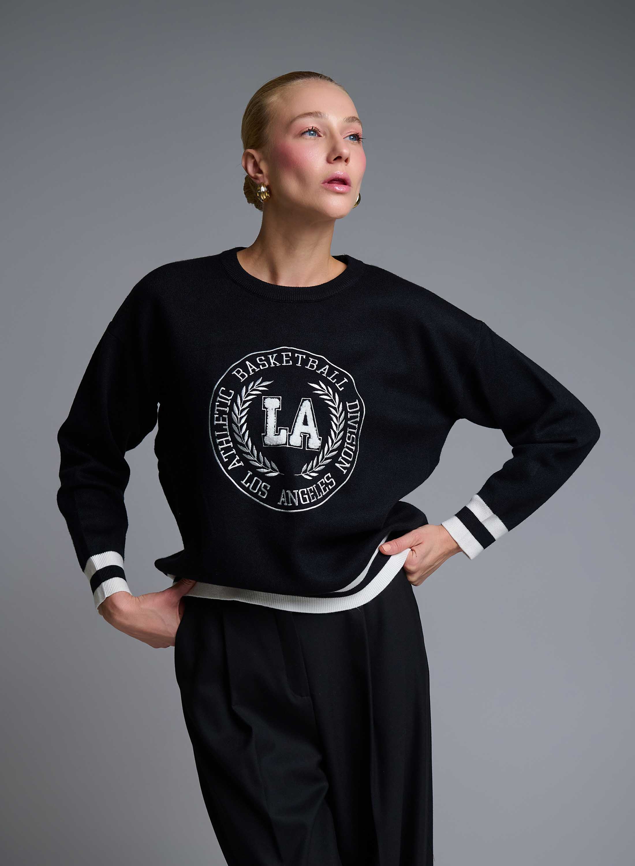 Μαύρο-Εκρού κολλεγιακό Πουλόβερ με στρογγυλή λαιμόκοψη Vinc - 3