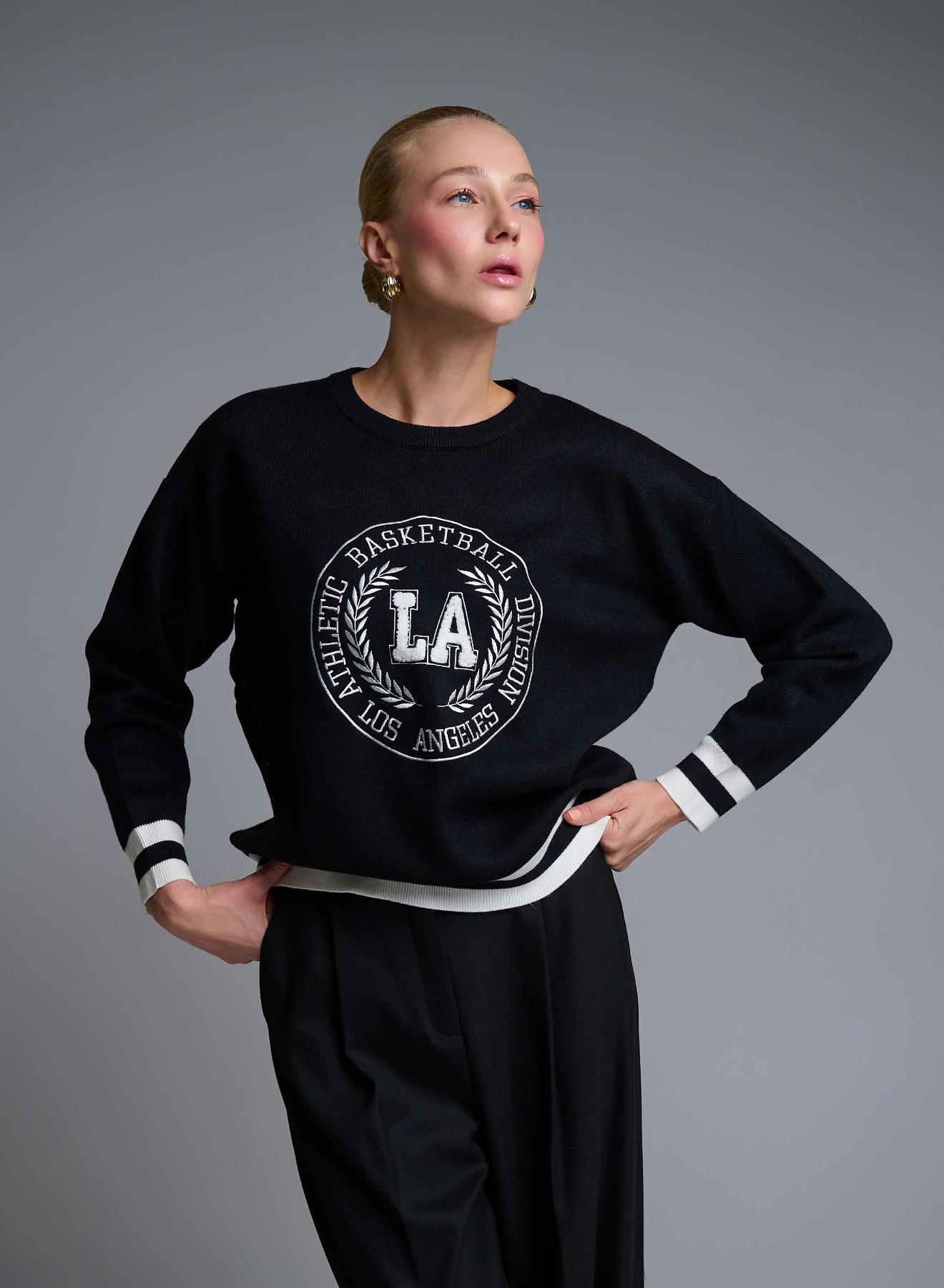 Μαύρο-Εκρού κολλεγιακό Πουλόβερ με στρογγυλή λαιμόκοψη Vinc - 4