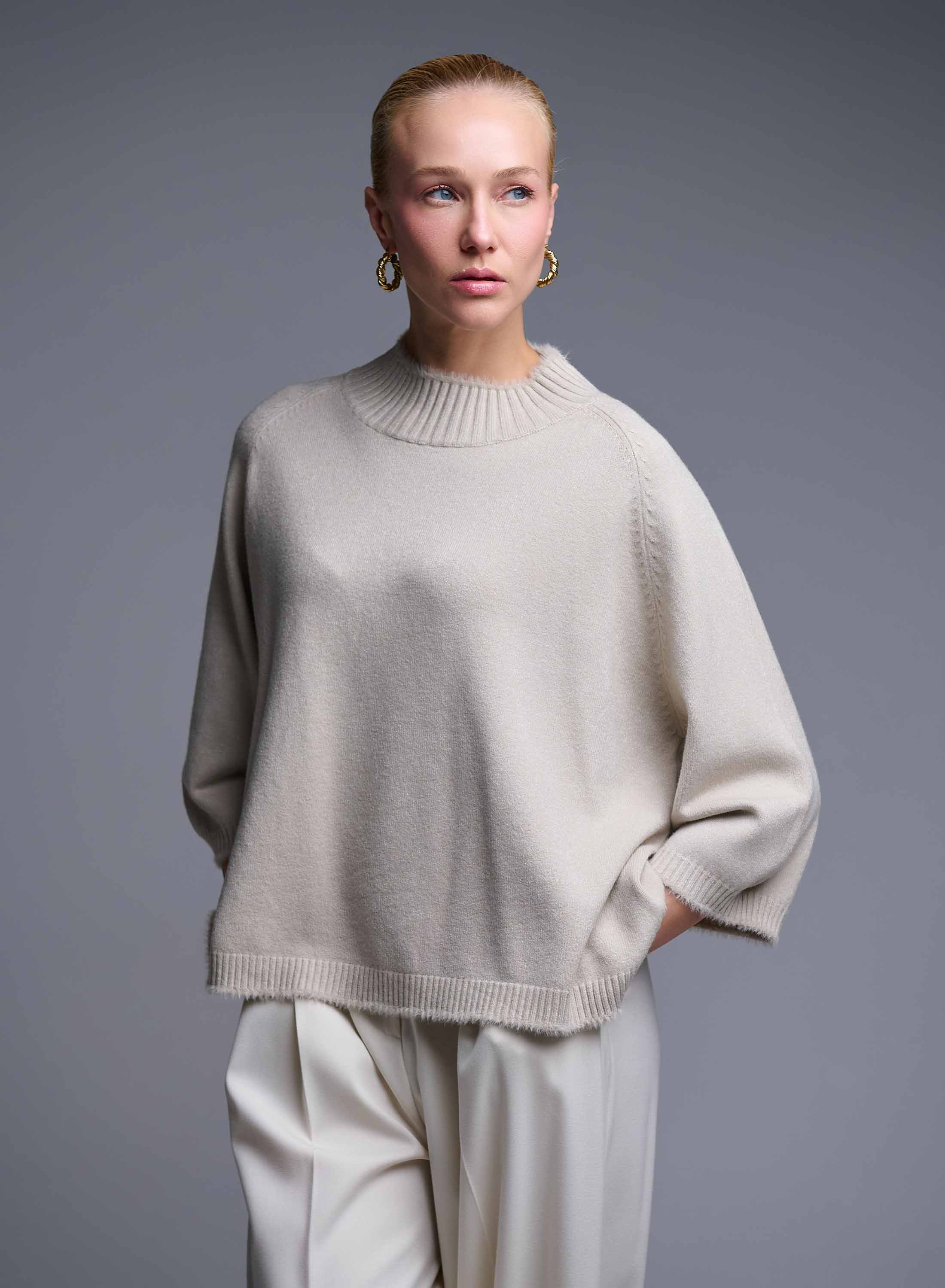 Ecru high neck Sweater with three quarters sleeves La Liberta - 0