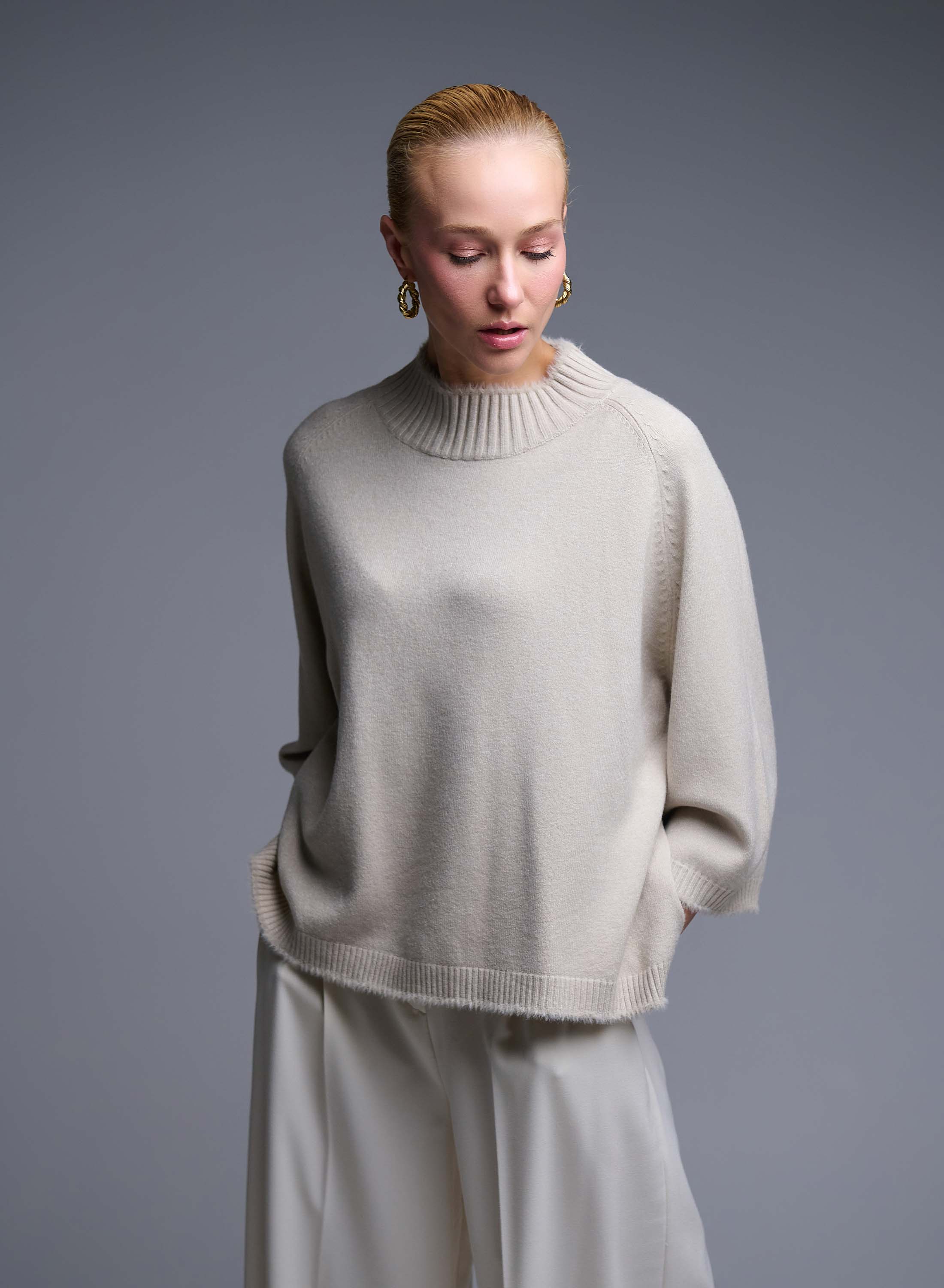 Ecru high neck Sweater with three quarters sleeves La Liberta - 1