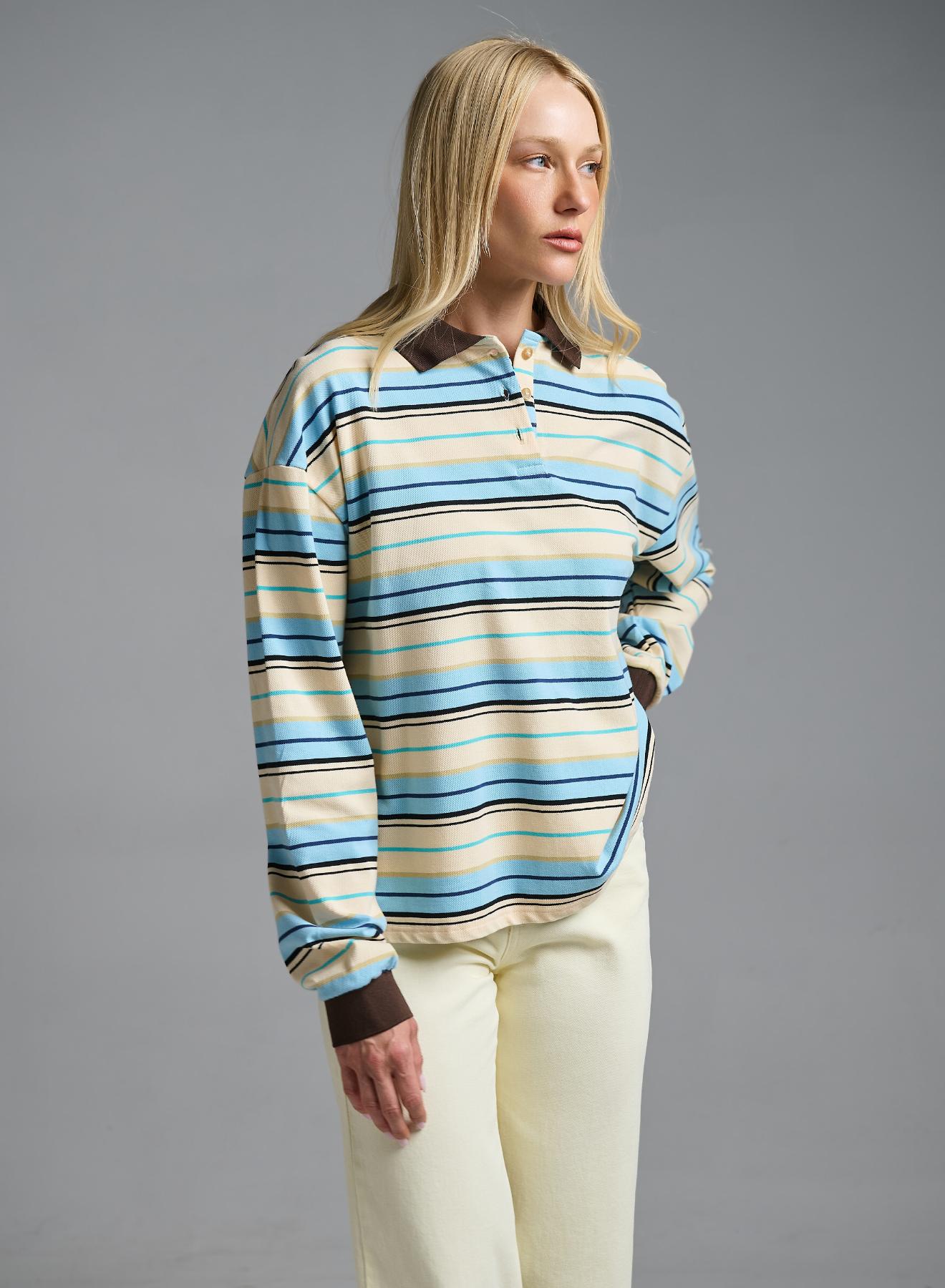 Light Blue striped polo Blouse Two - 3