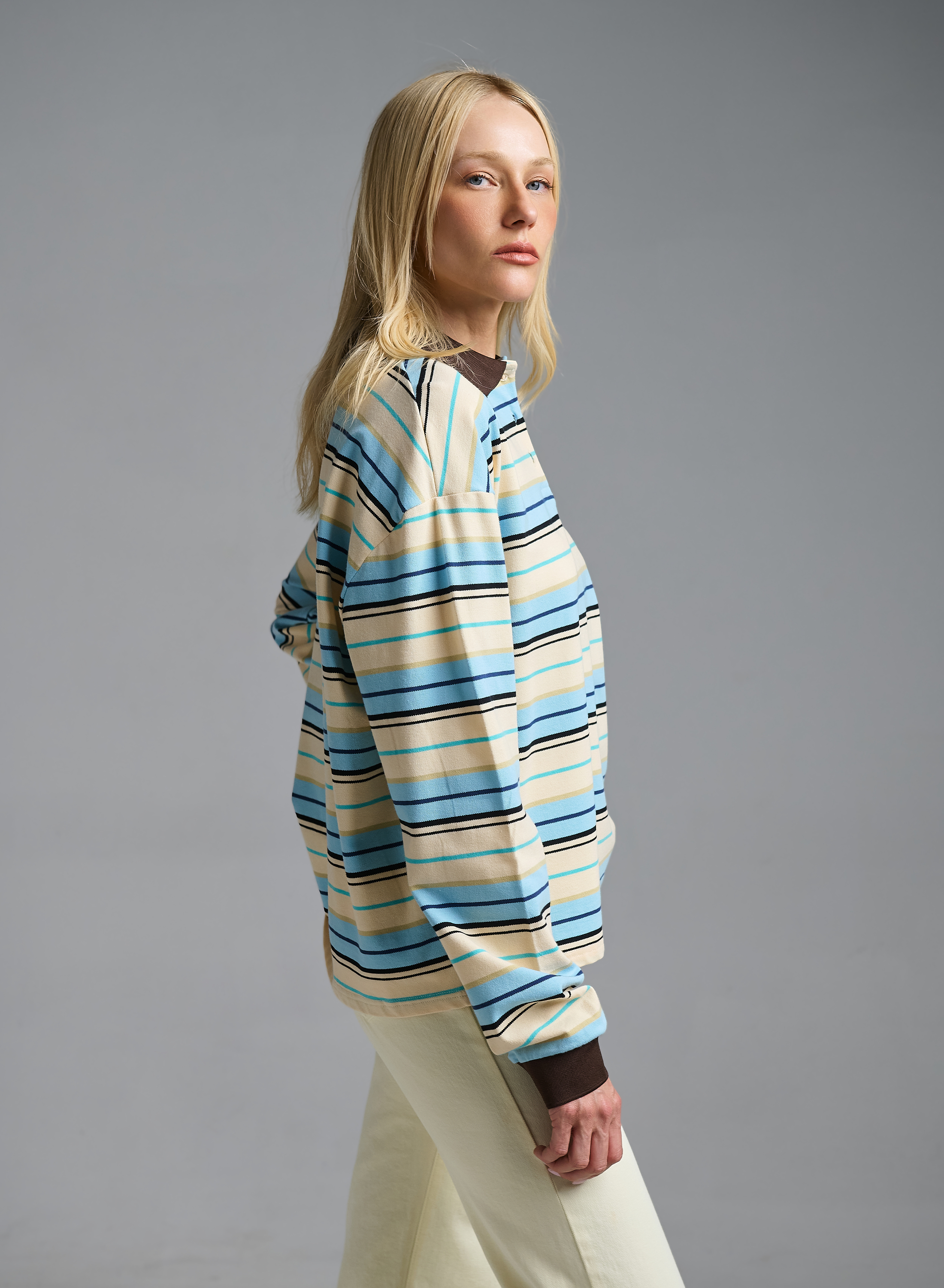 Light Blue striped polo Blouse Two - 3