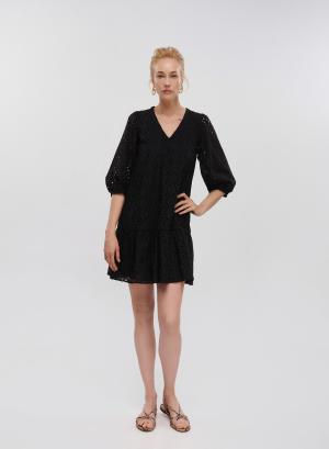 Μαύρο Φόρεμα μπροντερί με τρία τέταρτα μανίκια και V λαιμόκοψη Emme Marella - 33278