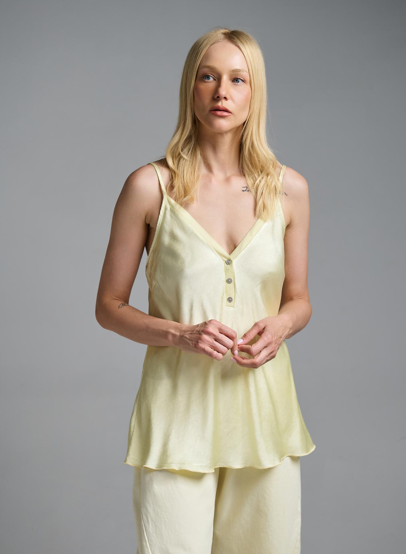 Yellow silky touch Top with straps and with V buttoned neckline Valentina Milano - 2