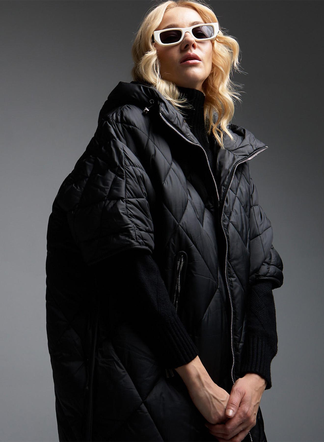 Black Cape-Jacket padded with hood Fly Luxury - 2