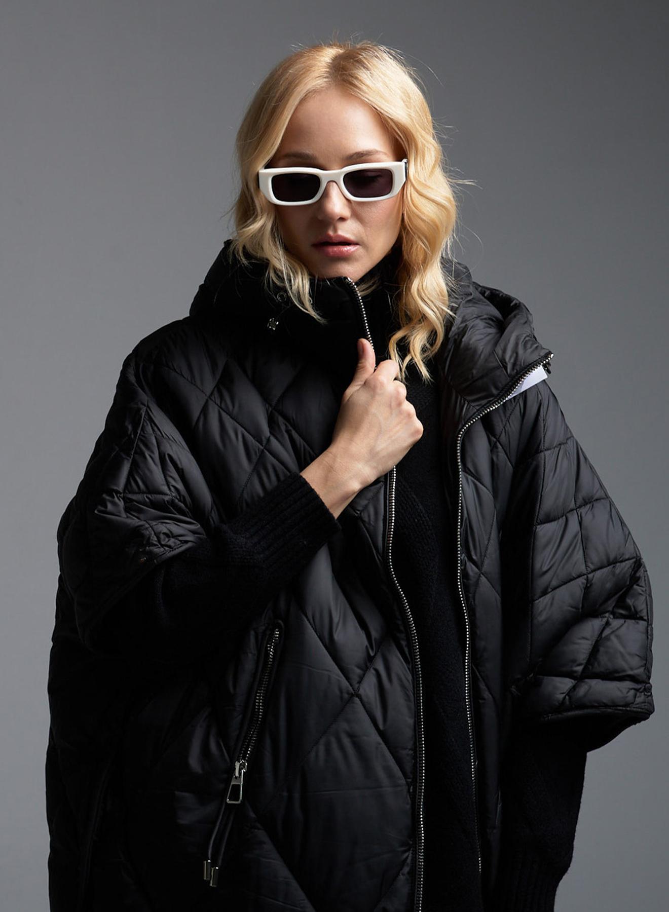 Black Cape-Jacket padded with hood Fly Luxury - 4