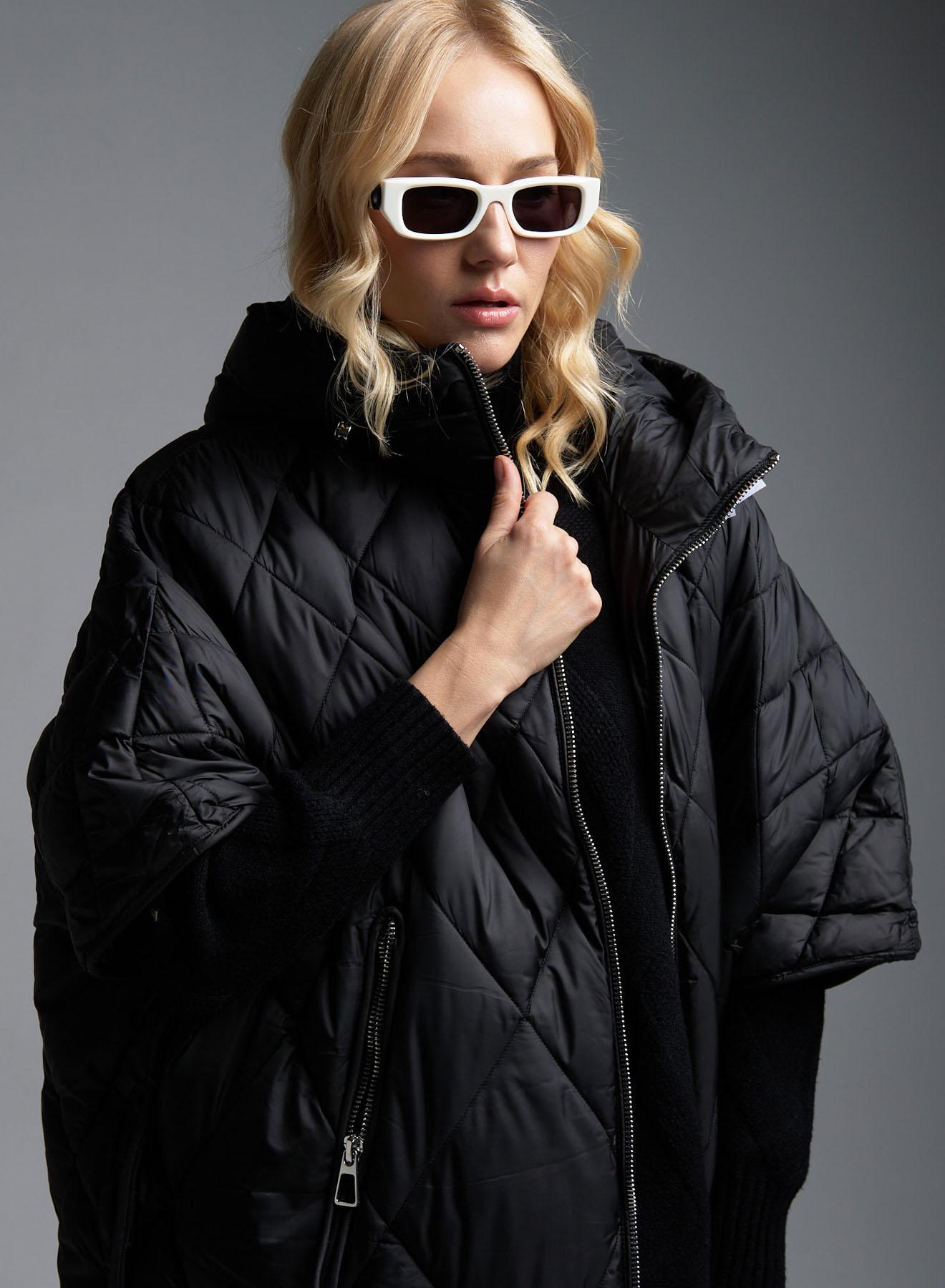 Black Cape-Jacket padded with hood Fly Luxury - 5