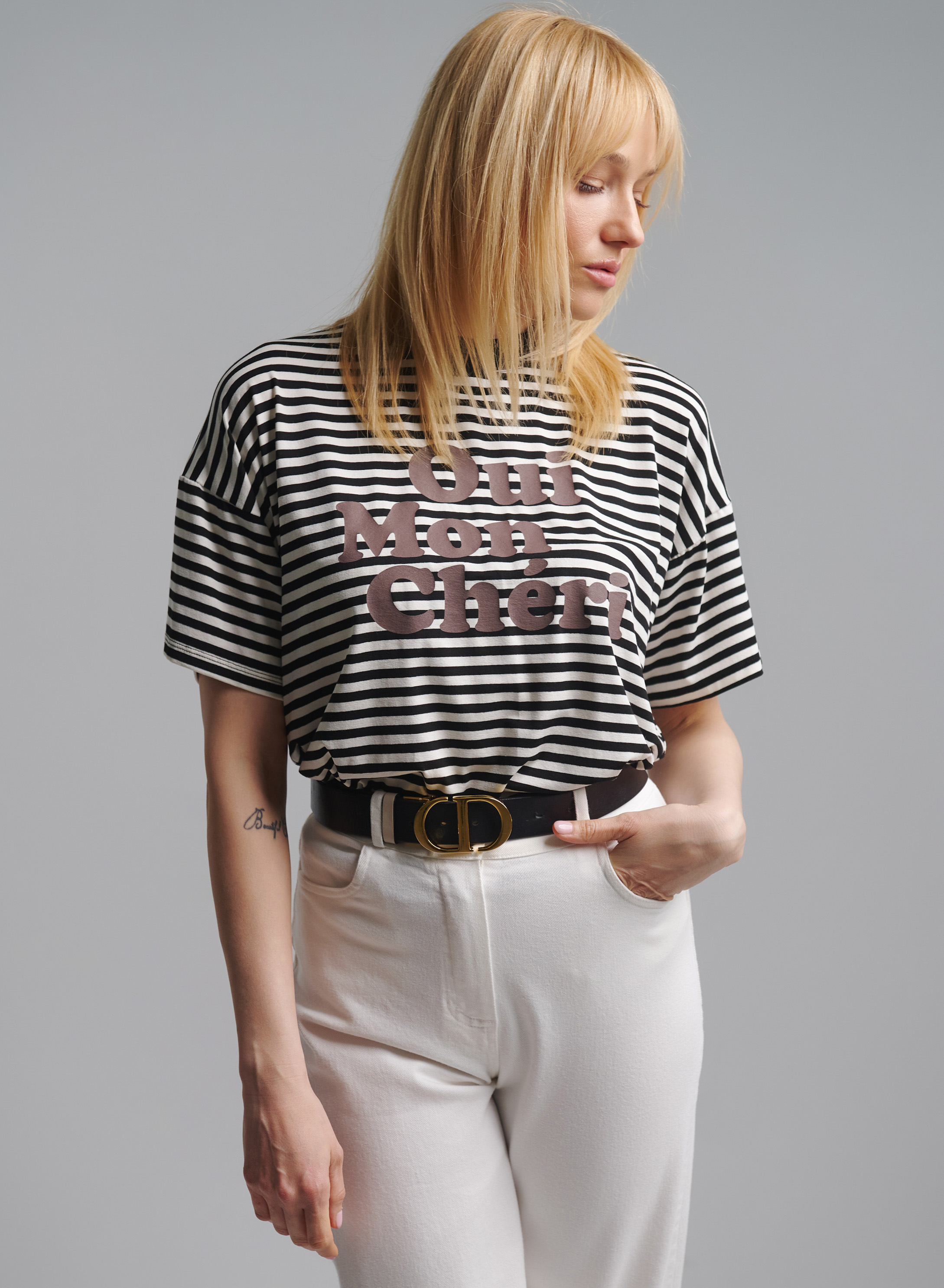 Off White-Black cotton T-shirt with stripes and print Vicolo - 1